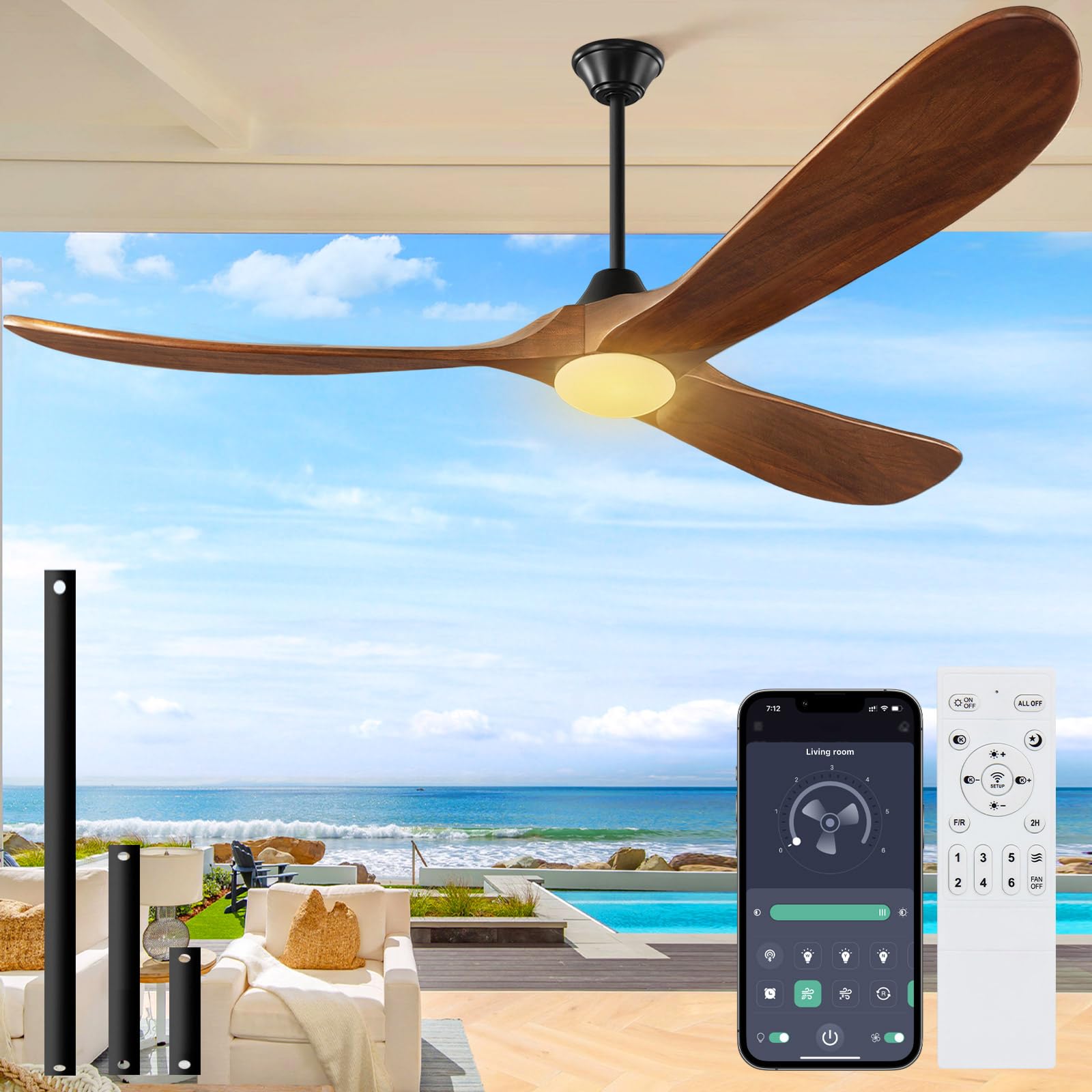 Photo 1 of Gleewind 60 inch Outdoor Ceiling Fan with Light-Glass Lamp, 3 blade Wood Propeller Ceiling Fans with Lights and Remote Control for Patios, Exterior Damp Rated High CFM Ceiling Fans Modern Smart APP