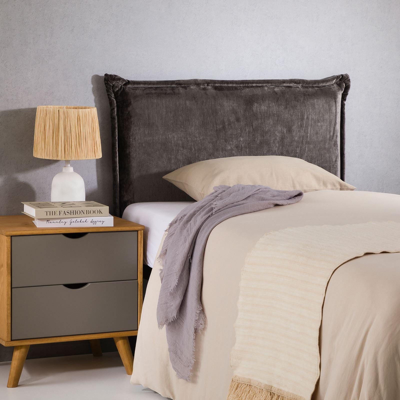 IDIMEX Tête de lit DELMO 90 rembourrée, en Tissu Polyester pour lit 90 cm, sur Pieds en Bois, Gris