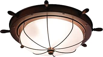 VAXCEL Orleans Nautical 15-in Outdoor Flush Mount Ceiling Light, Antique Red Copper Finish, Nautical Style, Ship Wheel, White Frosted Glass, Dimmable E26 Bulb Compatible, Damp Rated