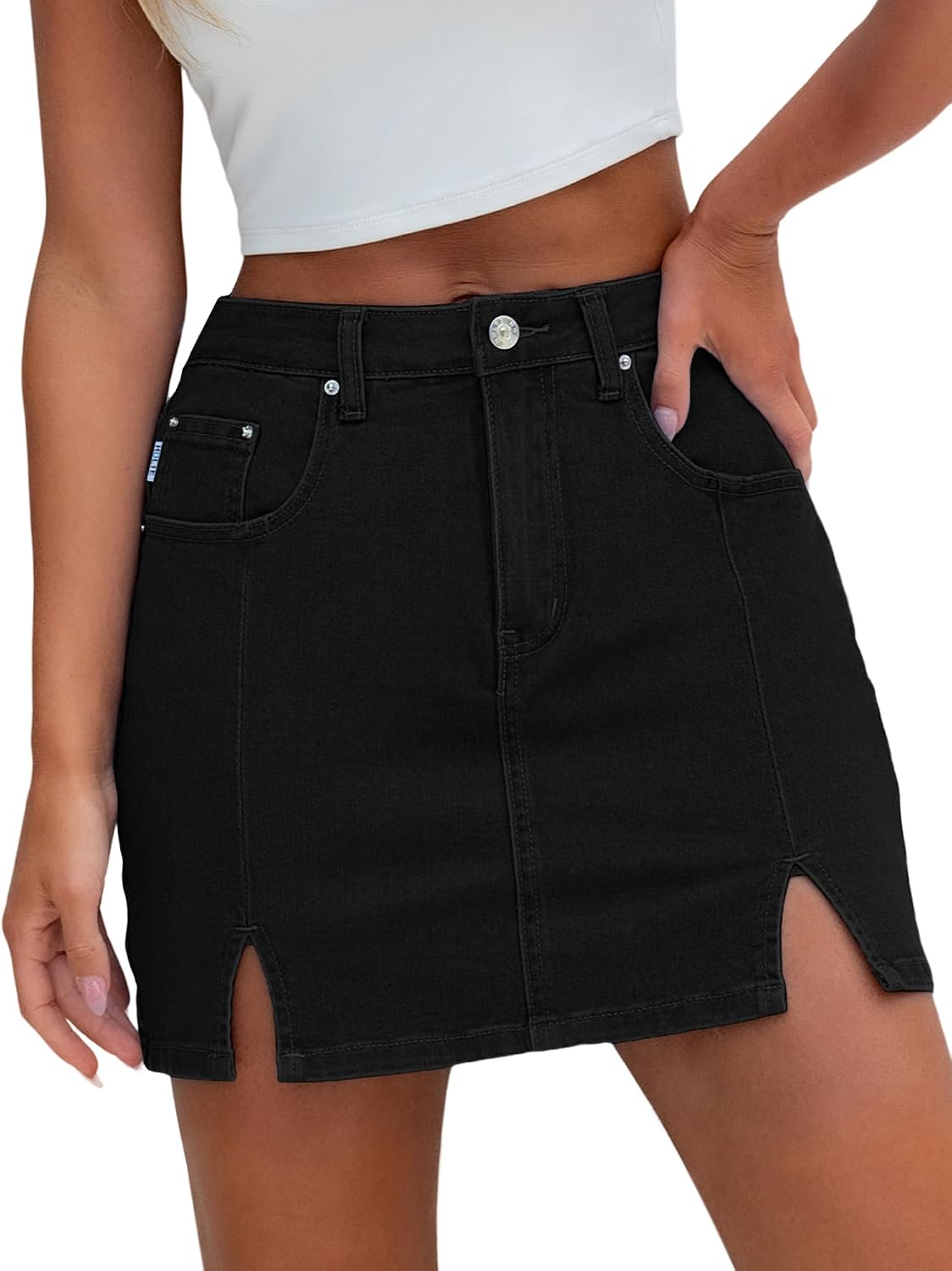 HDLTE Denim Skirts for Women – High Waisted Jean Skorts with Slit Cute Skort Shorts Casual