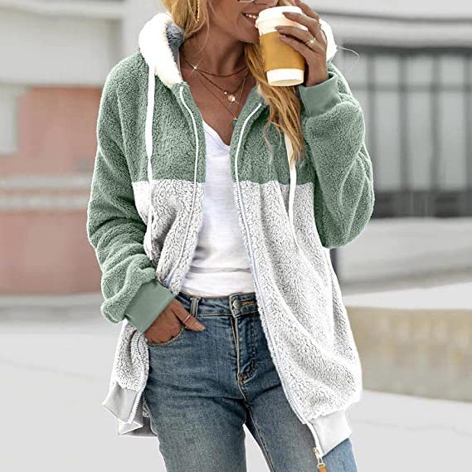 Generico Sudaderas Largas Algodón Mujer con Cremallera Sin Capucha - Top Blanco Mujer Elegante Oversize Hoodie Ligero Moda Térmica Felpa Suave con Bolsillos Cómodos Ropa Otoño Casa Al Aire Libre