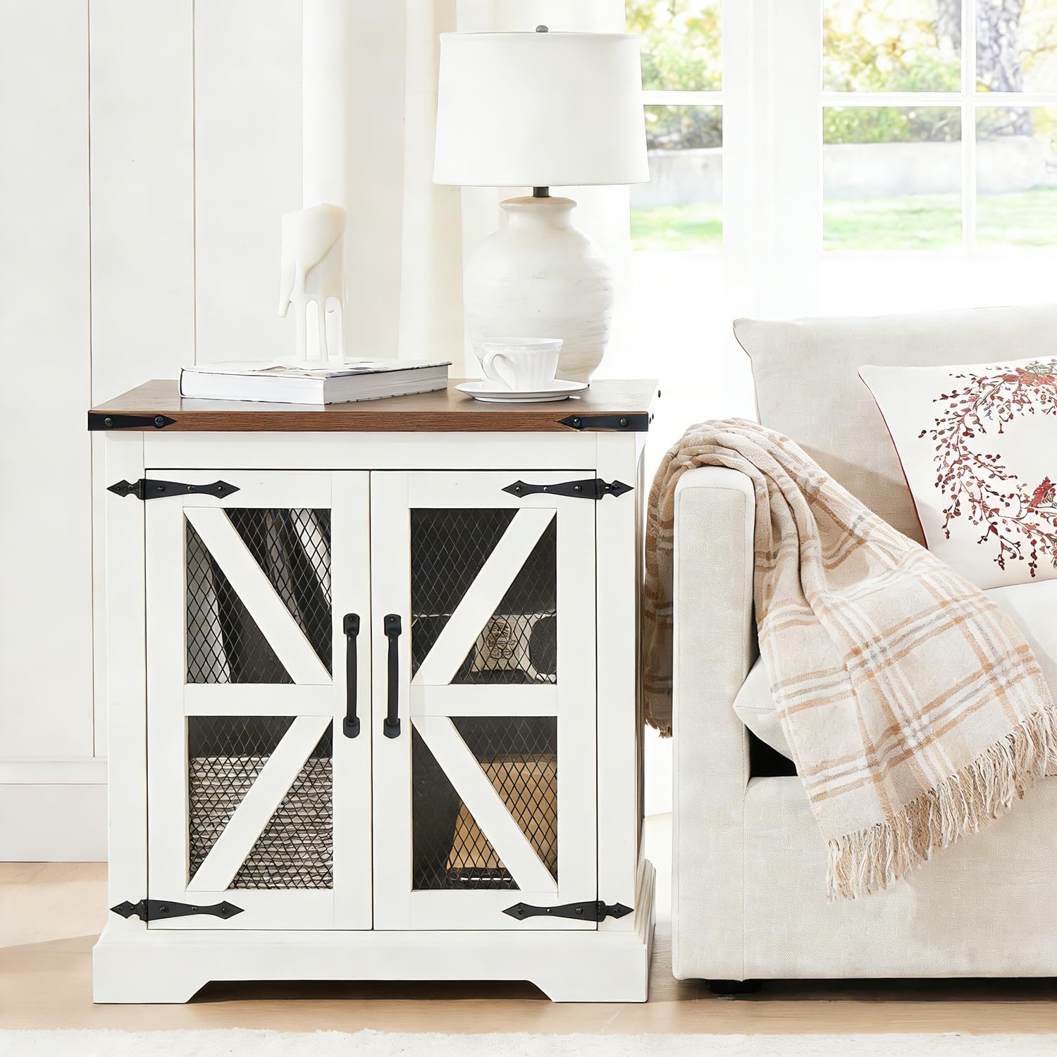 Farmhouse Nightstand with Charging Station, Side Table with Barn Door and Storage, Rustic Wood Bedside Table, End Table for Living Room and Bedroom, White(Brown Top)