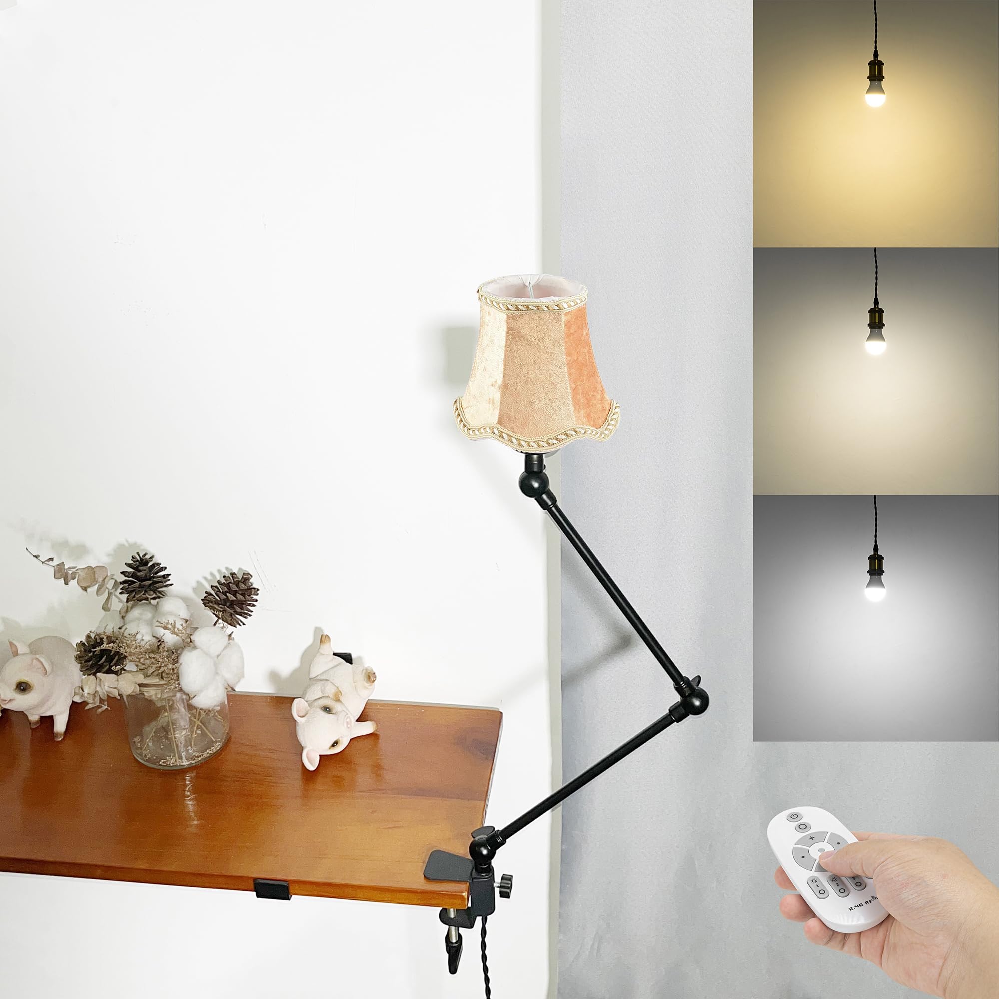 Klemmleuchte mit Fernsteuerung,1 Packung Leselampe mit 2,5 m Kabel, Dimmbar Nachttischlampe,Augenpflege Schreibtischlampe für Büro Heimgebrauch, E27 Lampenhalterung - DZ0332/8