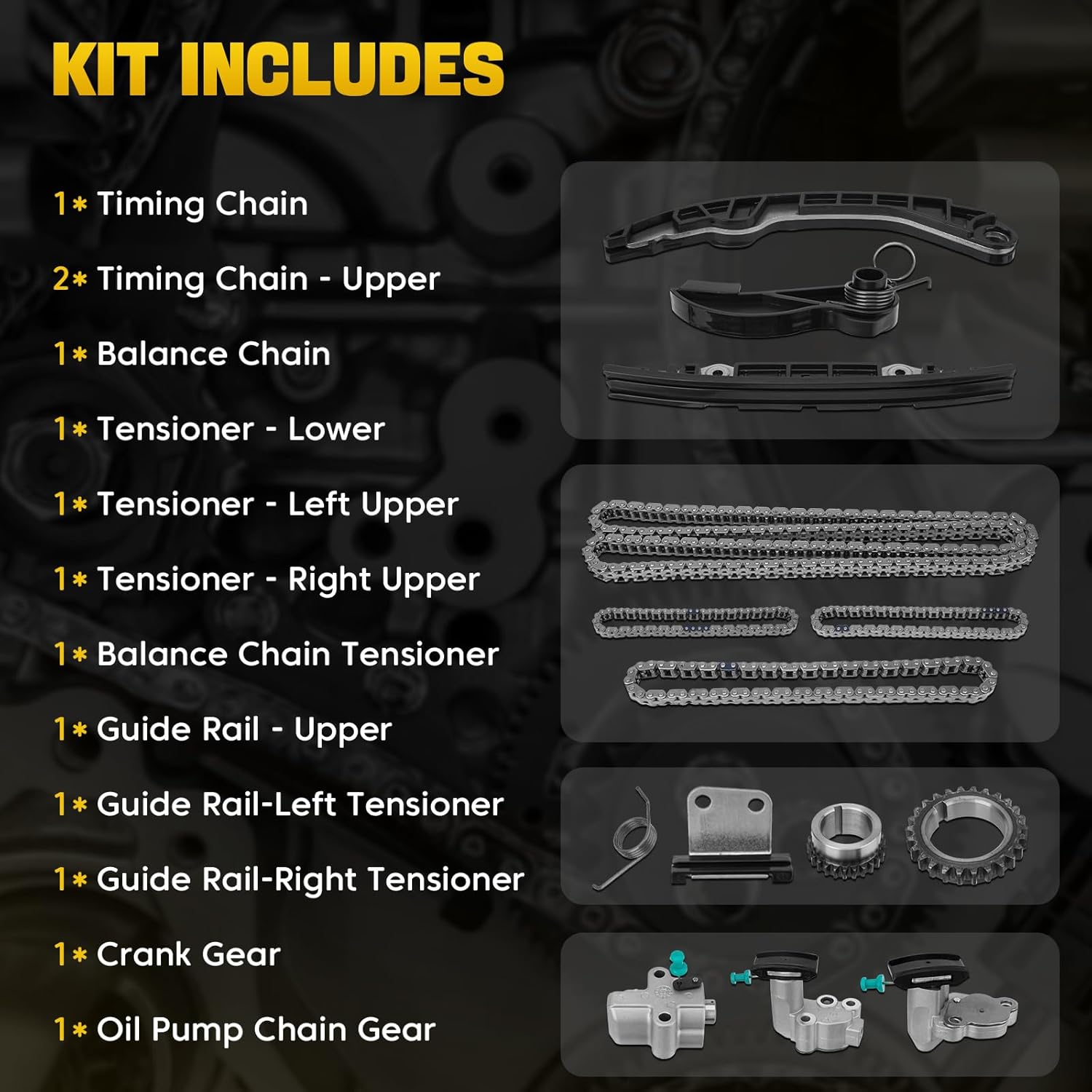 Timing Chain Kit with Tensioner Guide Rail Gear Compatible with Infiniti QX60 Nissan Pathfinder 2017-2024 VQ35DD V6 3.5L Engine Replace # 130286KA0A 130706KA0A 130856KA0A
