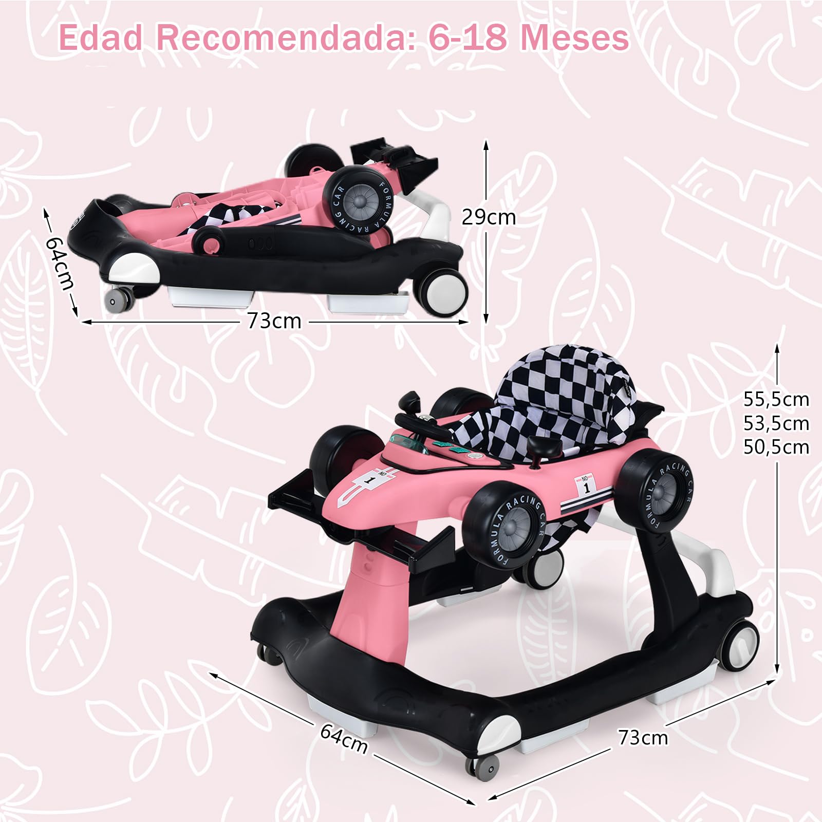 COSTWAY 4 en 1 Andador Bebes, Tacata Bebe Plegable con Altura y Velocidad Regulables, Carillón con Luces, Volante y Asiento con Cojín, Diseño Antivuelco, Caminador para Bebe de 6-18 Meses