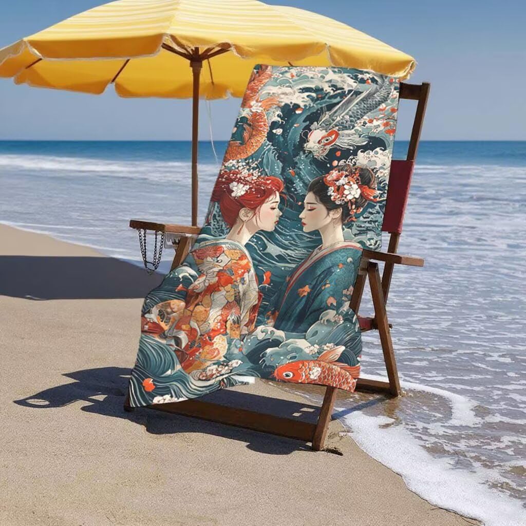Serviette de Plage Japon Lot de 2 Serviette Microfibre Drap de Plage XXL 100x200cm/35x70cm, Séchage Rapide Anti Sable Drap de Bain, Vacances Plages Accessoire pour Voyages Camping Pique-nique E-69
