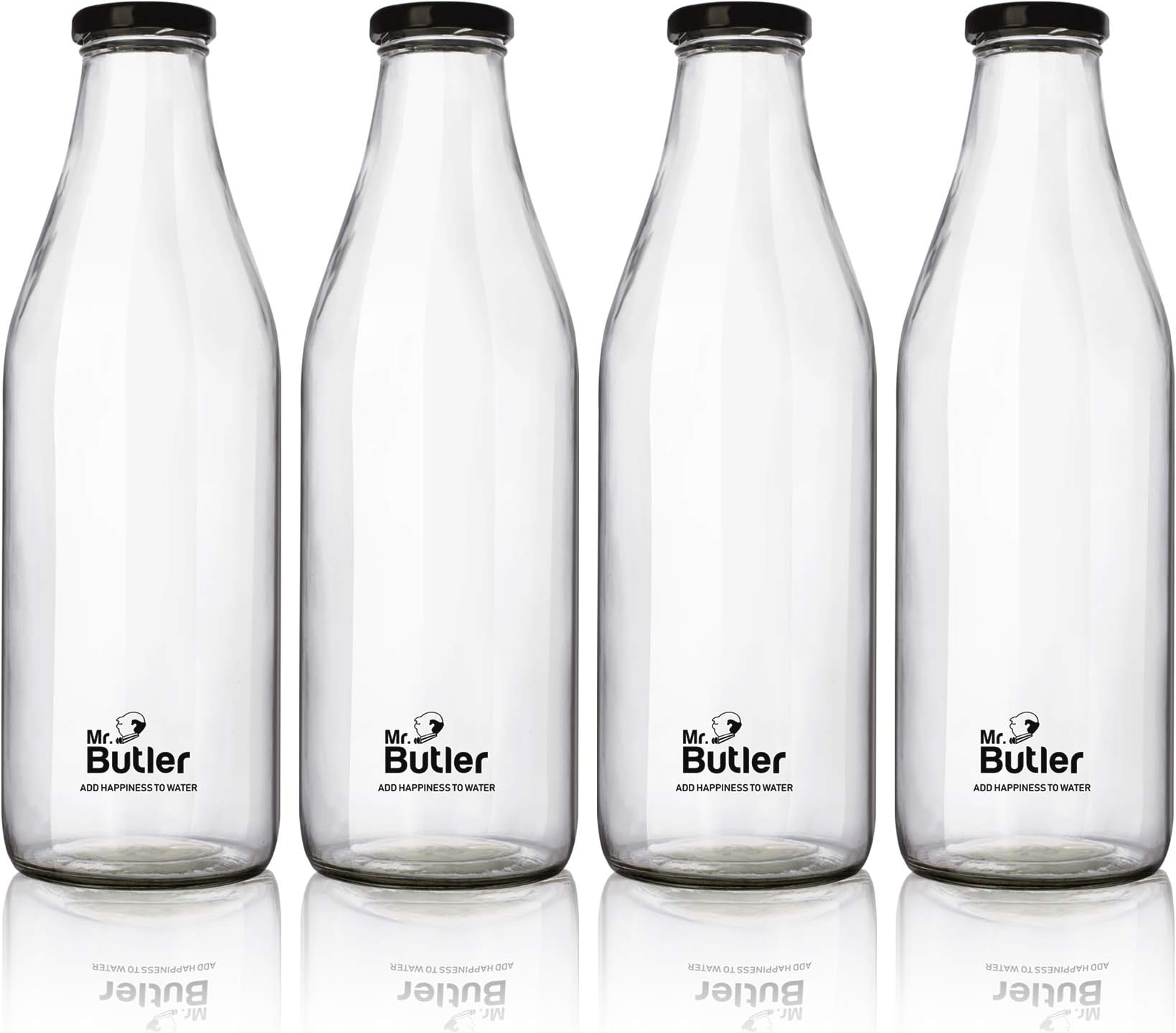 Mr. Butler Glass Bottle with Extra Caps, 1 Litre, Pack of 4, Clear