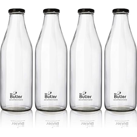 Mr. Butler Glass Bottle with Extra Caps, 1 Litre, Pack of 4, Clear ...