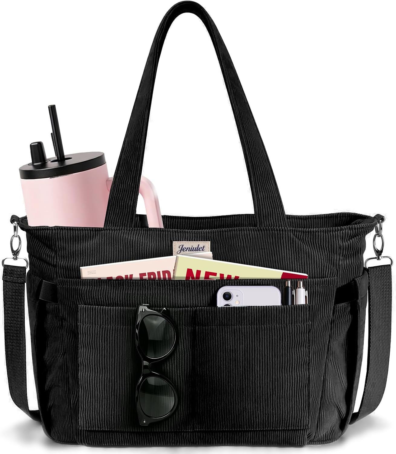 Tote Bag for Women Corduroy Large Capacity 17 Pockets 40oz Cup Holder Zipper Purses for Teacher Work Travel School
