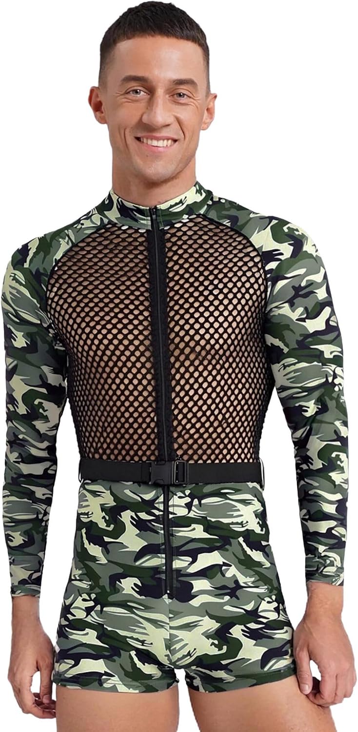 Mens Army Soldier Costume Halloween Hollow Out Fishnet Long Sleeves Camo Jumpsuit