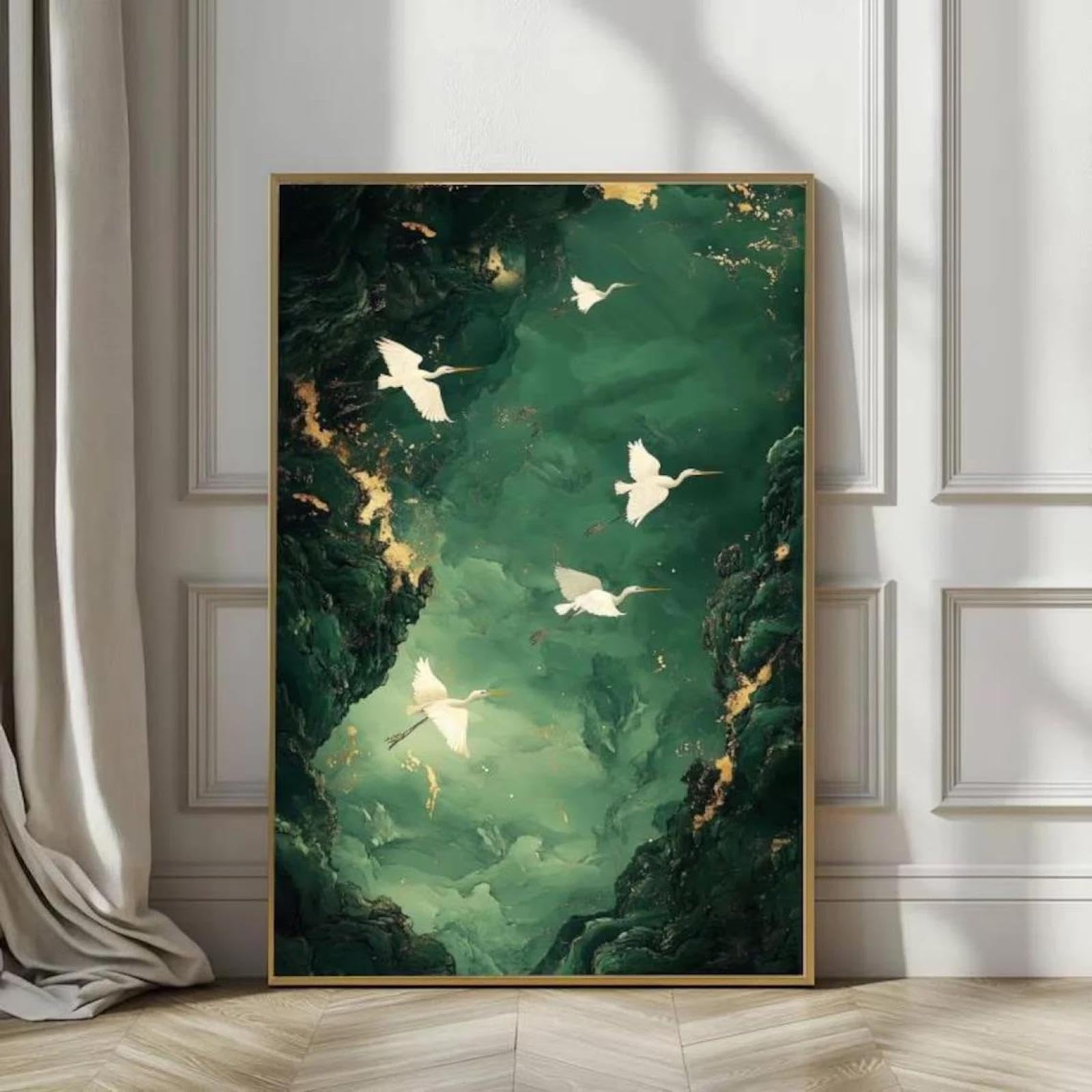 Baibexing Abstract Flying White Herons Nature Emerald Green And Gold Wall Art Canvas Painting Poster Prints Home Decor 40X50Cm Unframed