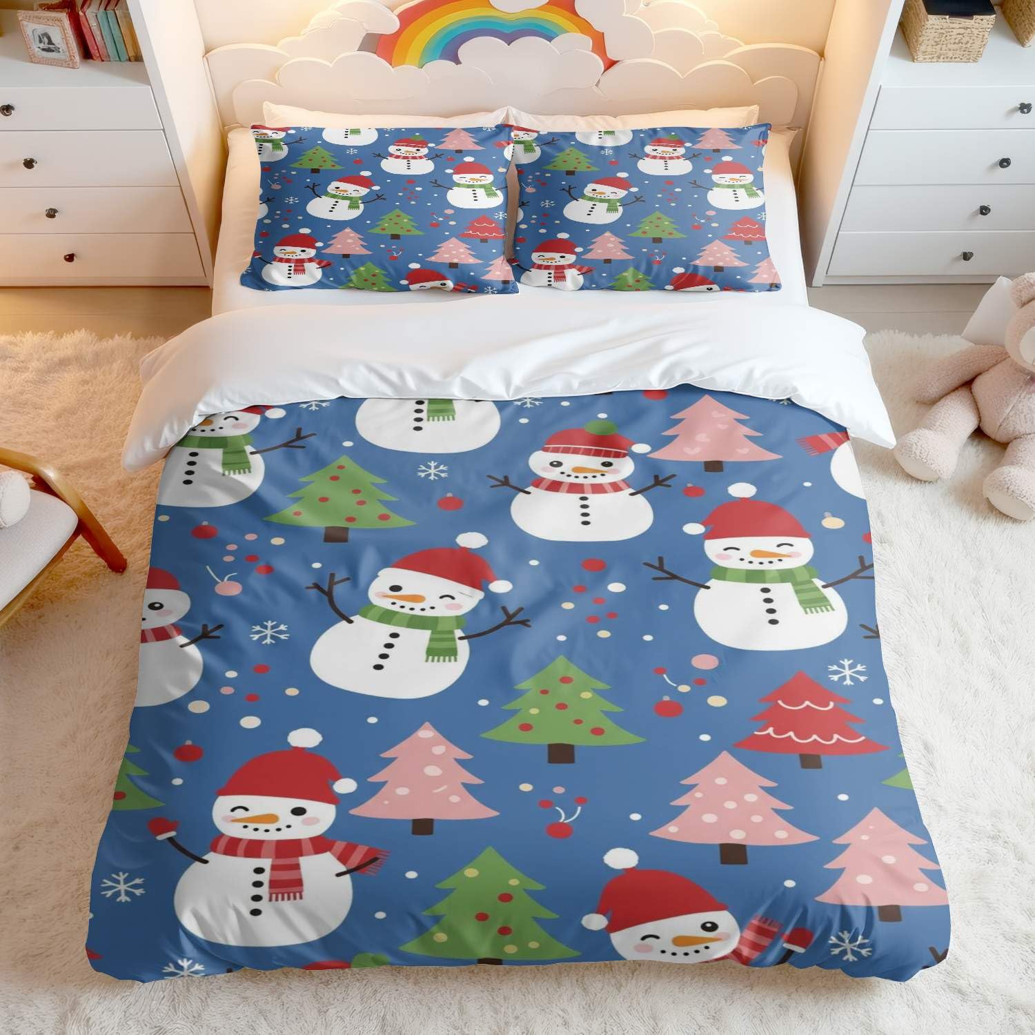 Housse de couette bonhomme de neige bleu pour chambre d'hiver chaleureuse