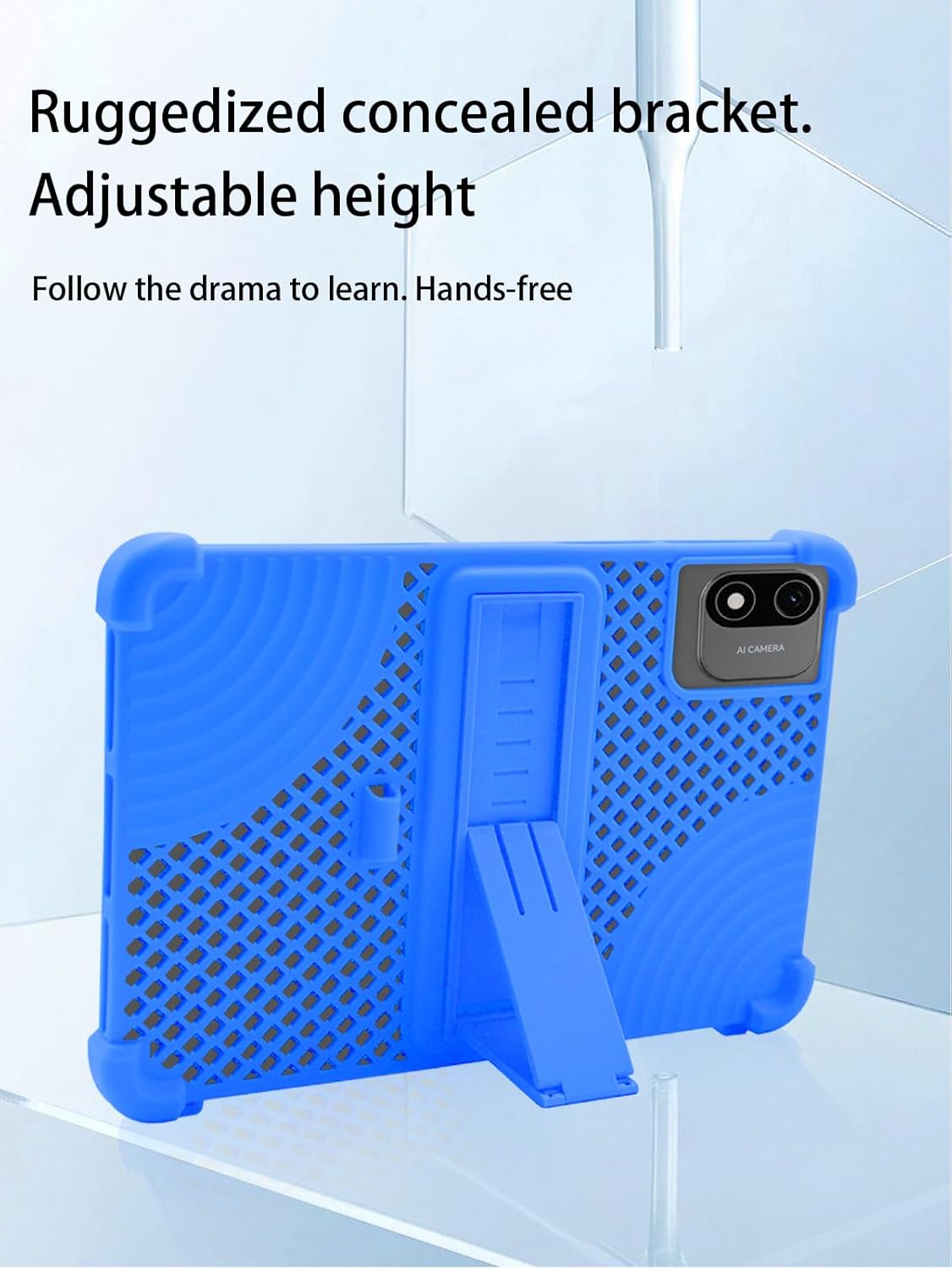 UYRUREL tablet case with its adjustable kickstand extended, supporting the tablet in landscape mode.