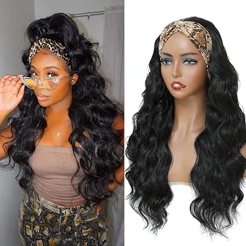 Long Wavy Headband Wigs for Black Women 24 Inch Loose Wave Headband Wig Synthetic Bouncy Wavy Long Wigs for Women and Girls Daily Party Wear