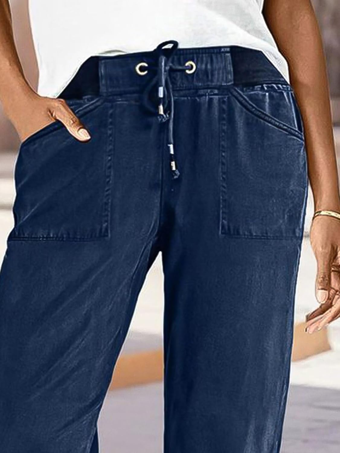 Flamingals Straight Leg Mid Waist Solid Drawstring Pants for Women with Patch Pocket - Image 2