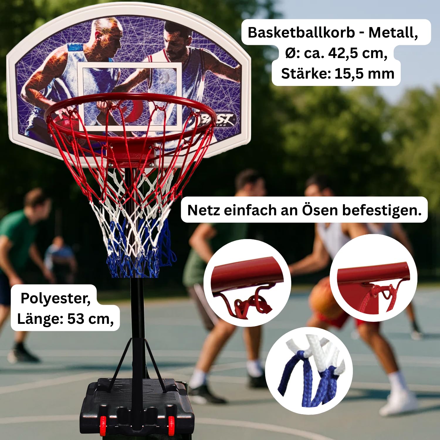 BEST SPORTING Basketballkorb Outdoor 165–205 cm – Verstellbar & mobil – Transportable Korbanlage mit stabilem Standfuß – Optional mit Basketball & Pumpe – Für Kinder & Einsteiger
