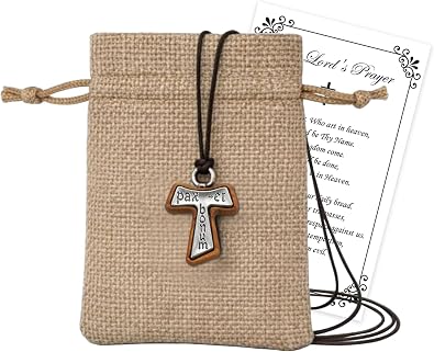 Trendzeen Tau Cross Necklace Wood Pendant - Olive Wood Tau Cross Necklace, Burlap Pouch, The Lords Prayer Card - Made in Italy Franciscan Tau Cross Necklace Set For Men And Women - 3 Items Set