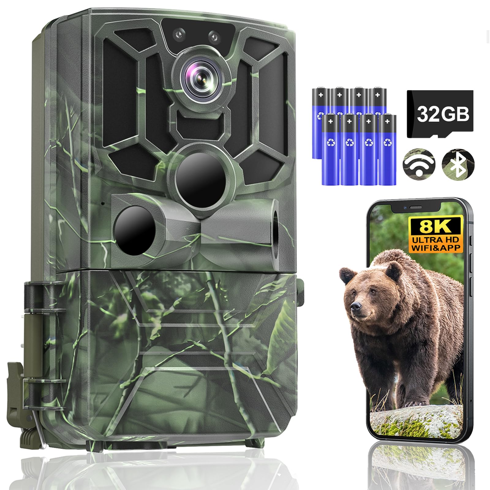 Caméra de Chasse 5K Full HD 60MP WiFi Bluetooth IP66 avec Détecteur de Mouvement Vision Nocturne, Carte 32G et 8 Piles AA