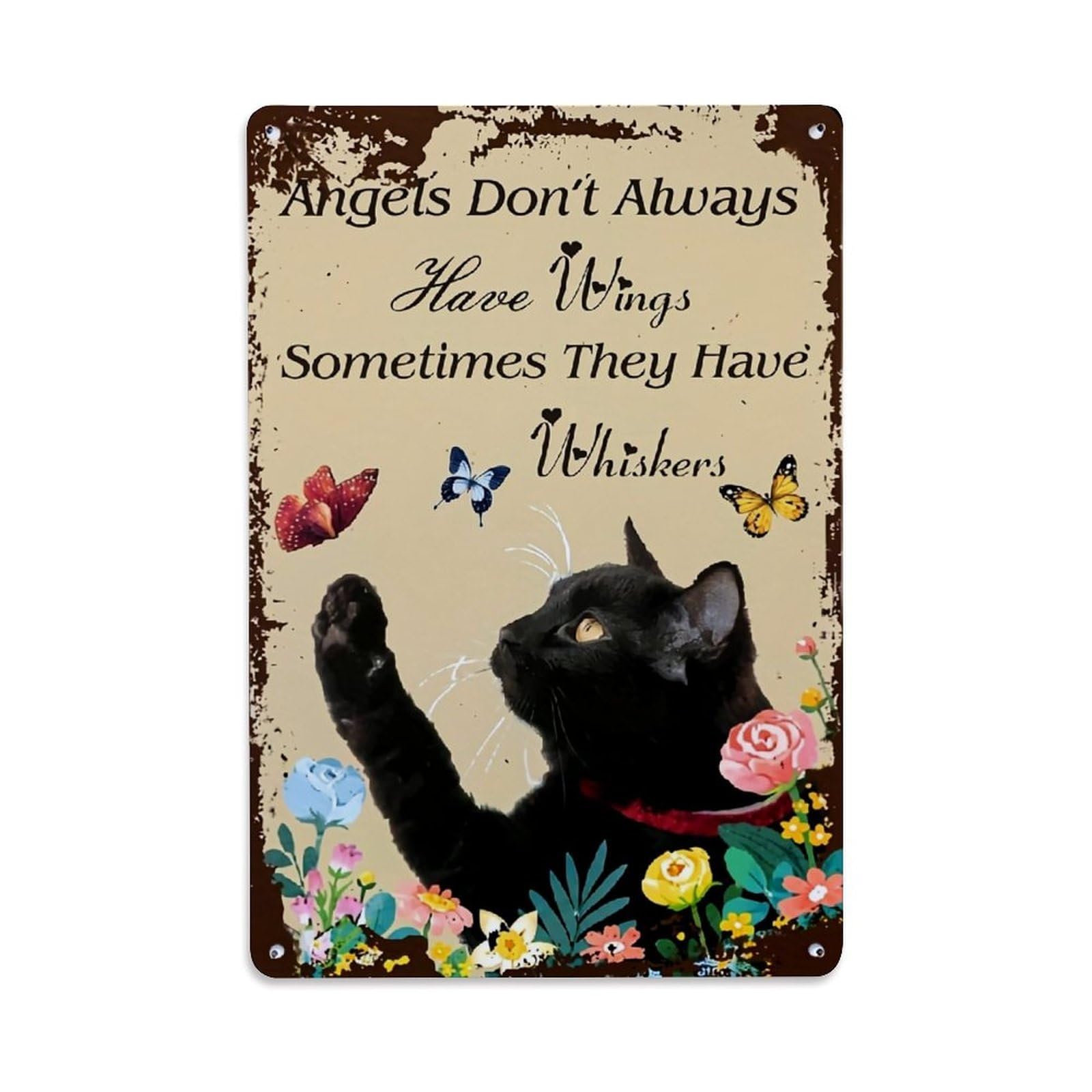 Bliveurn Vintage Black Cat With Whiskers And Butterflies Retro Metal Tin Sign, Metal Poster For Home, Gaming Room, Studio Workshop,Bar,Garage Wall Art Decor 8X12 Inch