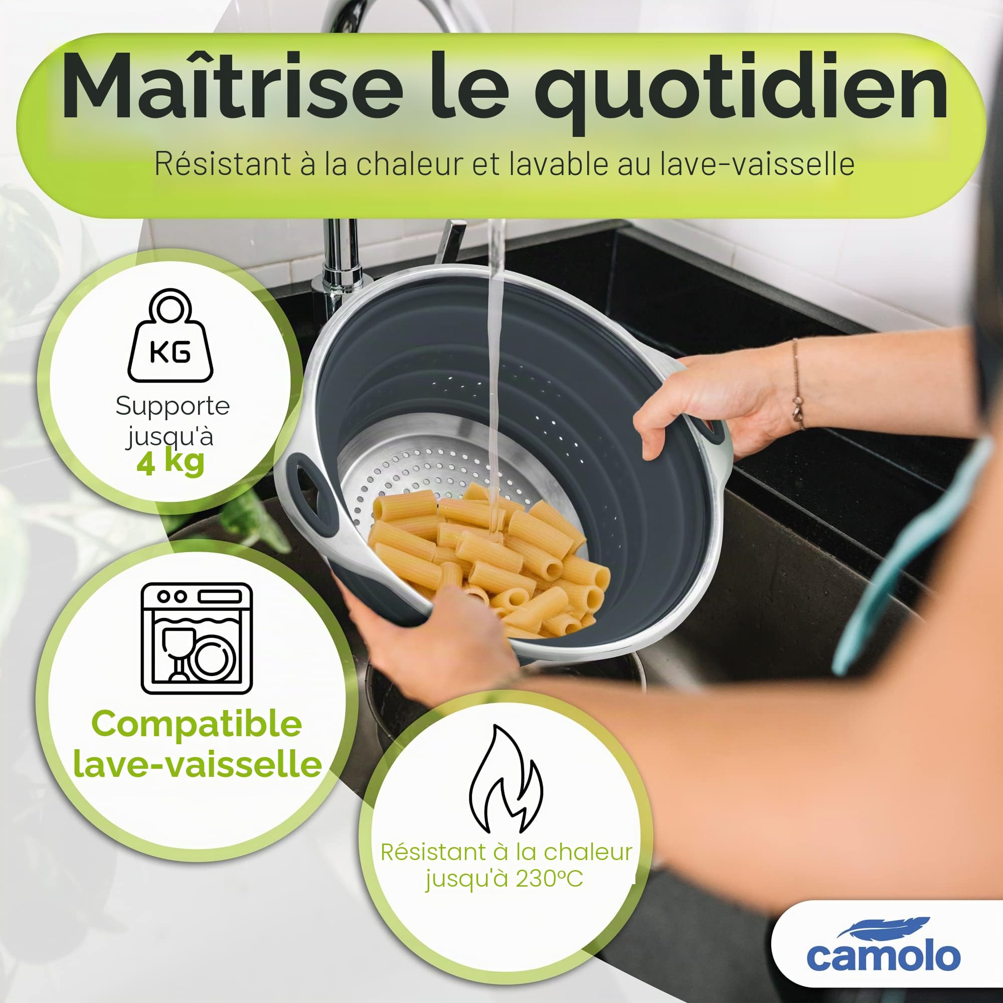 Passoire à pâtes en acier inoxydable et silicone - Pliable - Résistant à la chaleur et peu encombrant - Gris