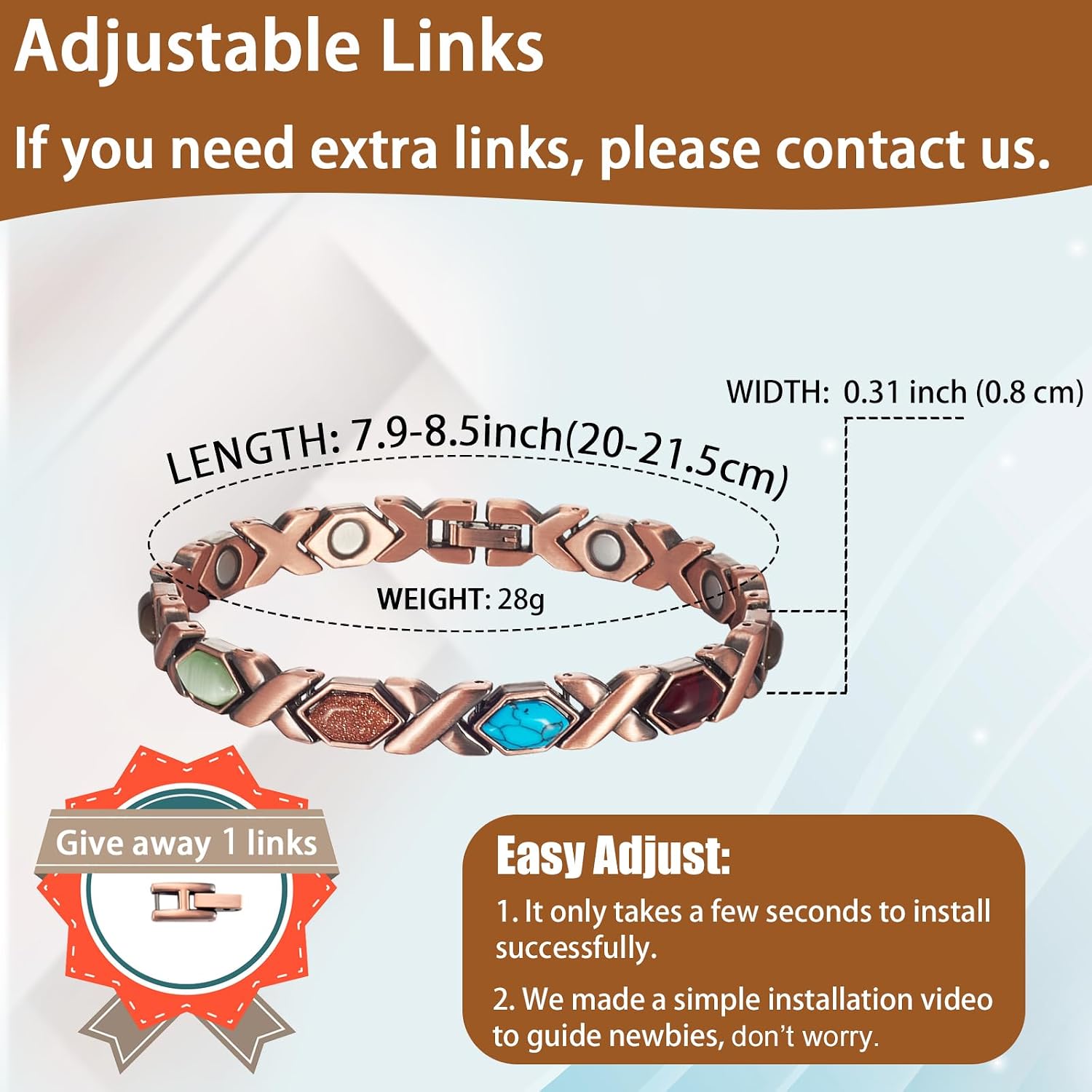 EnerCoppeX Copper Magnetic Bracelet for Women, Turquoise Detox Jewelry with 3500 Gauss Magnet (Type B)