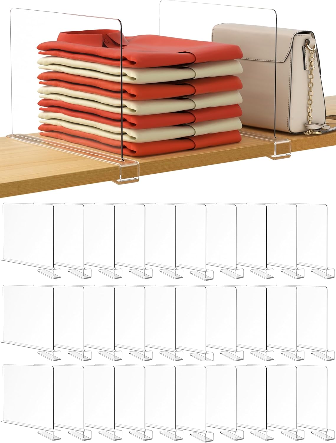 HBlife 30 Pack Clear Shelf Dividers, Vertical Purse Organizer for Closet Perfect for Sweater, Shirts, Handbags in Bedroom and Kitchen, Adjustable Acrylic Bookshelf for Organization Clear 30 PCS