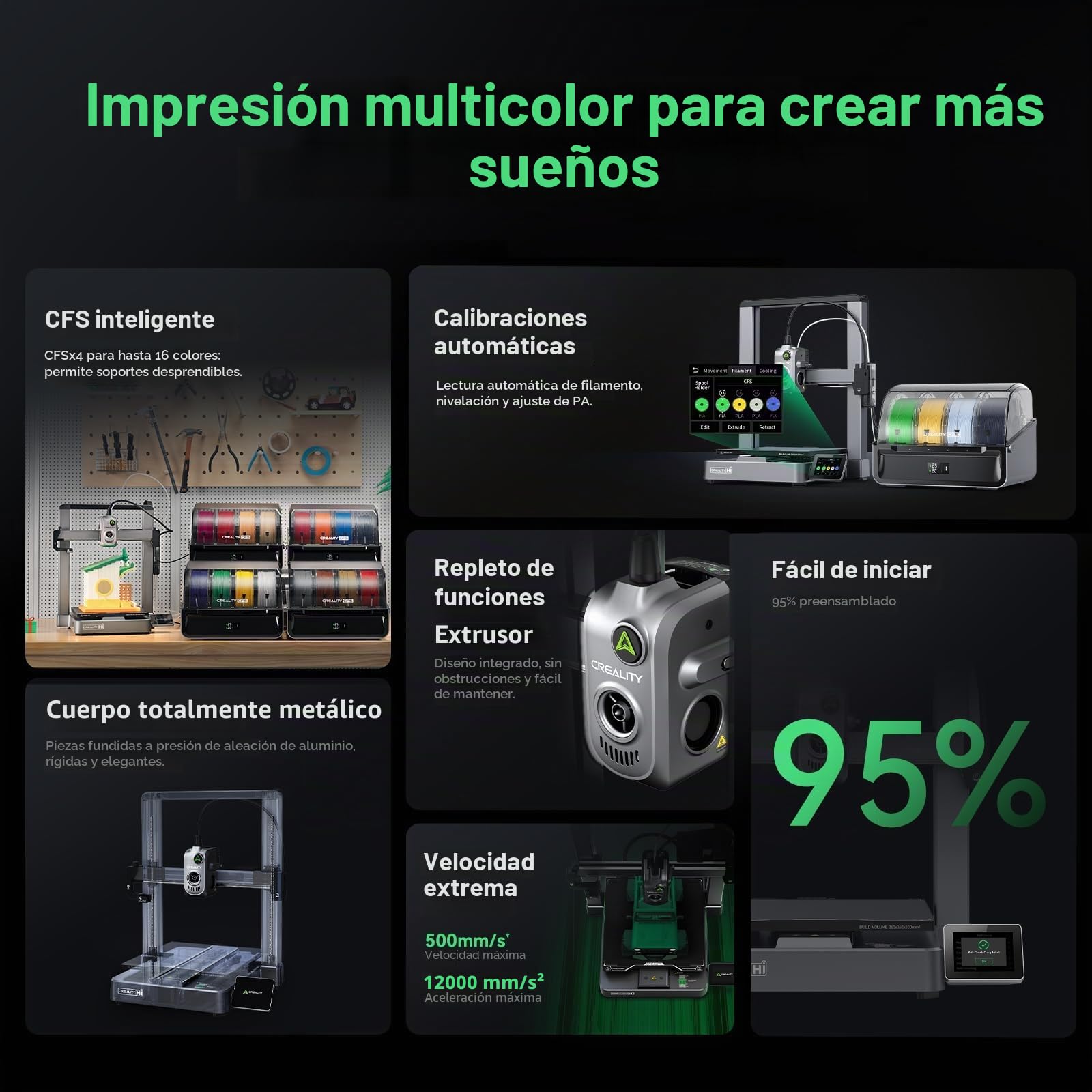 Creality Impresora 3D Hi Combo, con CFS de 16 colores, 500 mm/s de alta velocidad, 260×260×300mm espacio de construcción, nivelación automática, servo FOC, 12.000 mm/s², escáner RFID y detección de