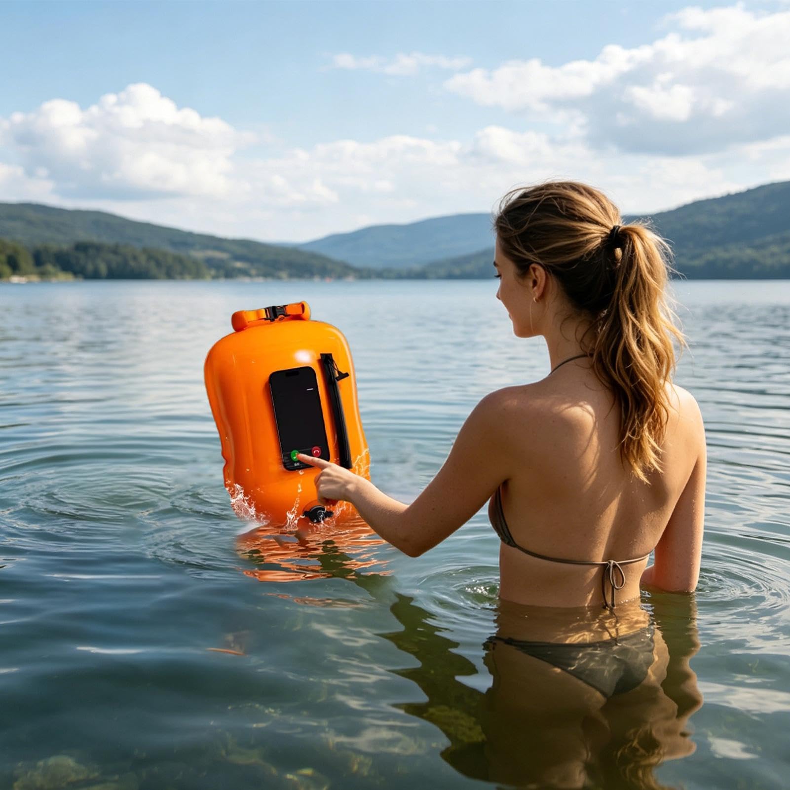 Boya de natación en aguas abiertas, con pantalla táctil, impermeable, bolsa de teléfono, flotador de entrenamiento, para triatleta, kayak, esnórquel, lago, entrenamiento acuático, carreras al aire