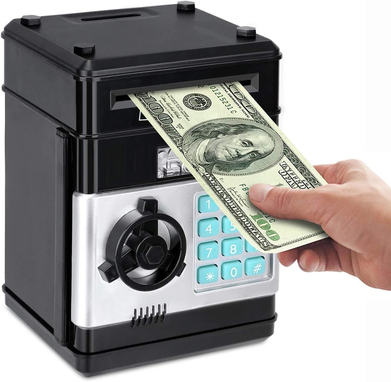 AWH Piggy Bank, Electronic ATM Password Cash Coin Can Auto Scroll Paper Money Saving Box Toy Gift for Kids (Black)