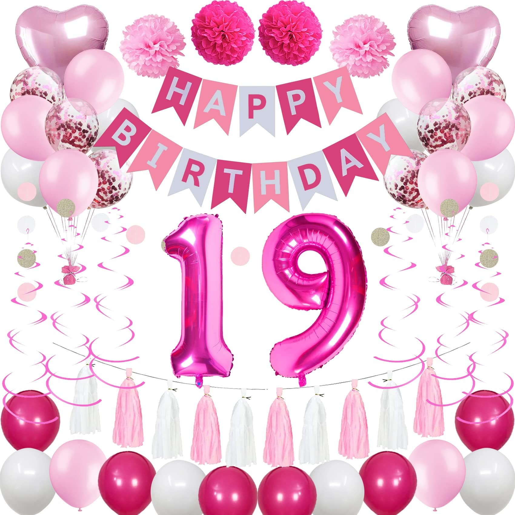 Sweet 19th Birthday Decorations for Women, Pink and White Happy Birthday Balloons, Party Supplies for Her Girlfriend Wife Including Banner, Foil