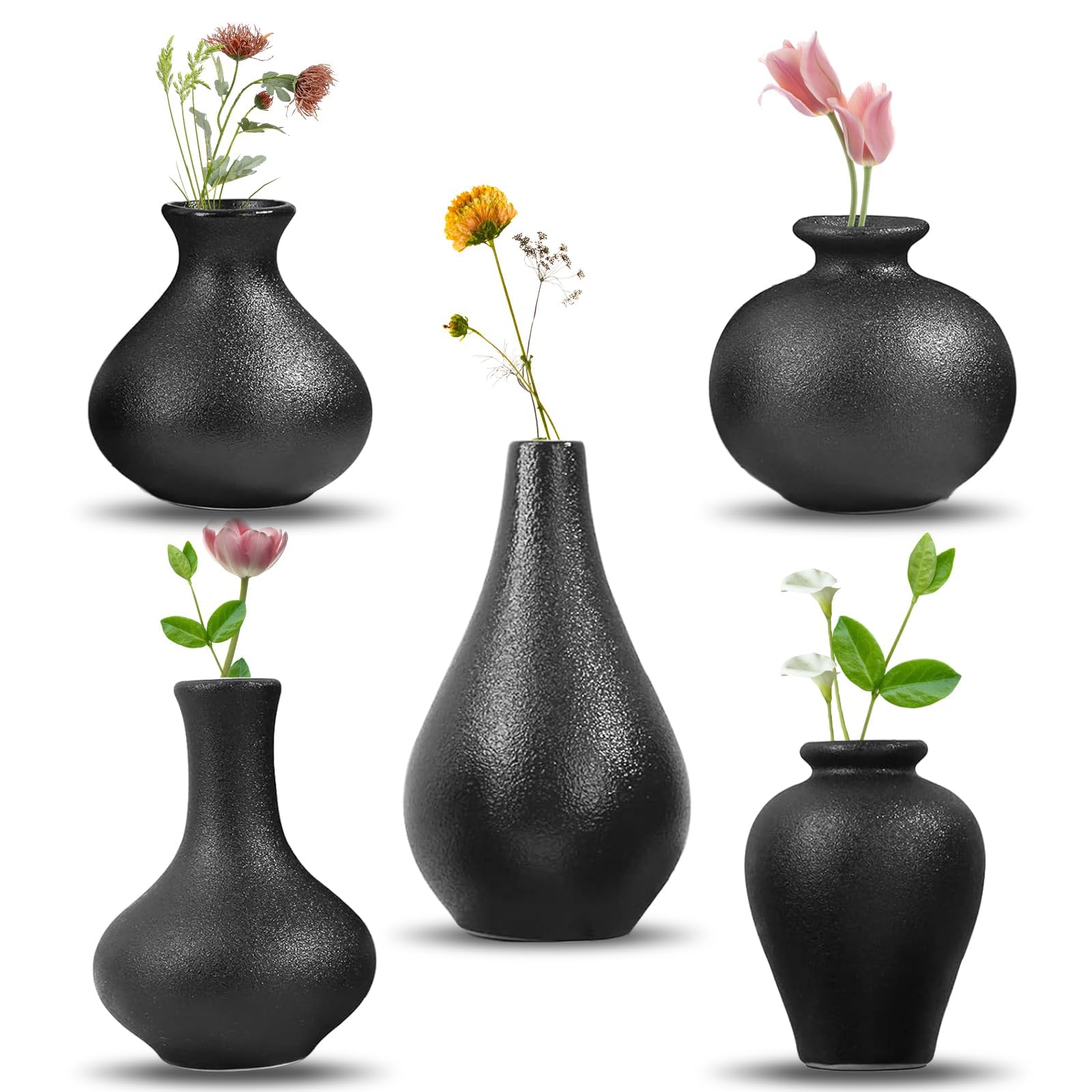 QUTHZZHY Jarrón de Cerámica Negro Juego de 5, Jarrones Decorativos para Flores con Diseño Minimalista para Centro de Mesa, Jarrón Moderno para Decoración de Boda Oficina Salón Cocina