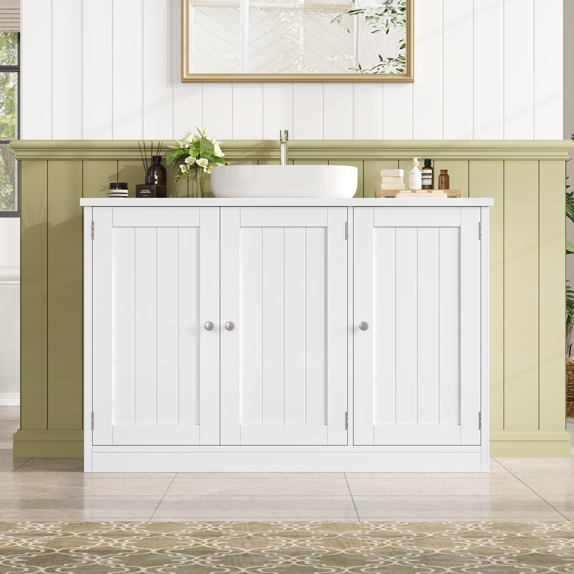 FOREHILL 90CM Mobile Sottolavabo per Bagno.Mobile Bagno con 3 Ante Bianco | Mobile Sottolavabo Grande a Ripiani Regolabili e Rimovibili,Scanalatura a Forma di U,per Bagno, Lavanderia 90x30x61.8 cm