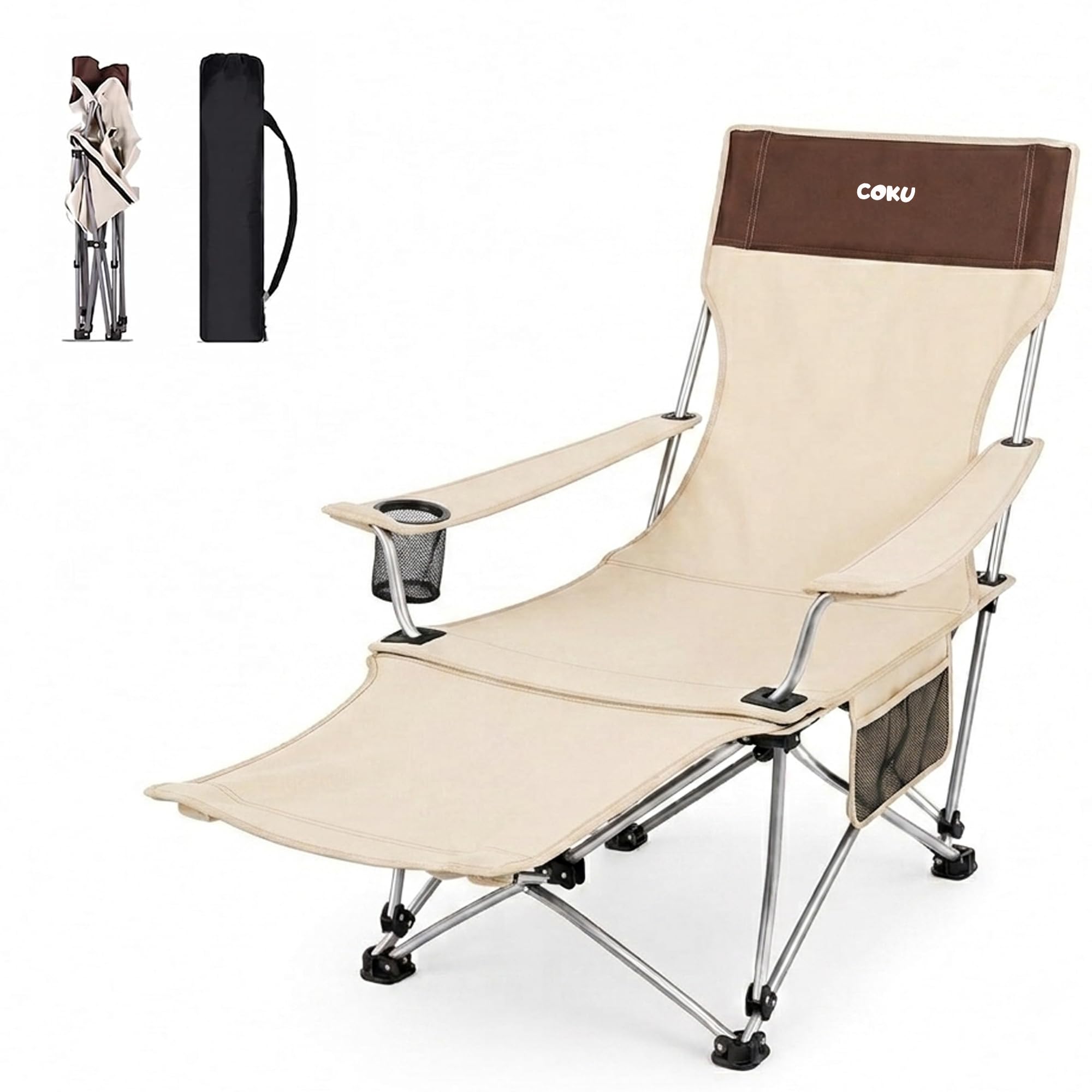 coku Reclining Camping Chair with Detachable Foot Rest, Cup Holder & Side Storage Pocket, Foldable Portable Heavy Duty Lounge Chair for Beach, Fishing, Picnic, Garden-image-36