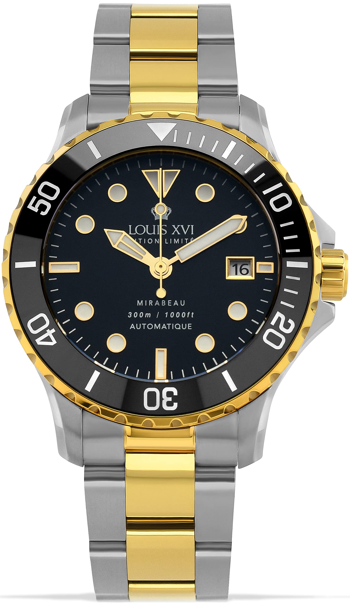 LOUIS XVIMirabeau Diver Watch for Men 41 mm Swiss Automatic Movement Stainless Steel Strap Two Tone Silver Gold with Black Super-LumiNova Dial 1405, luxury