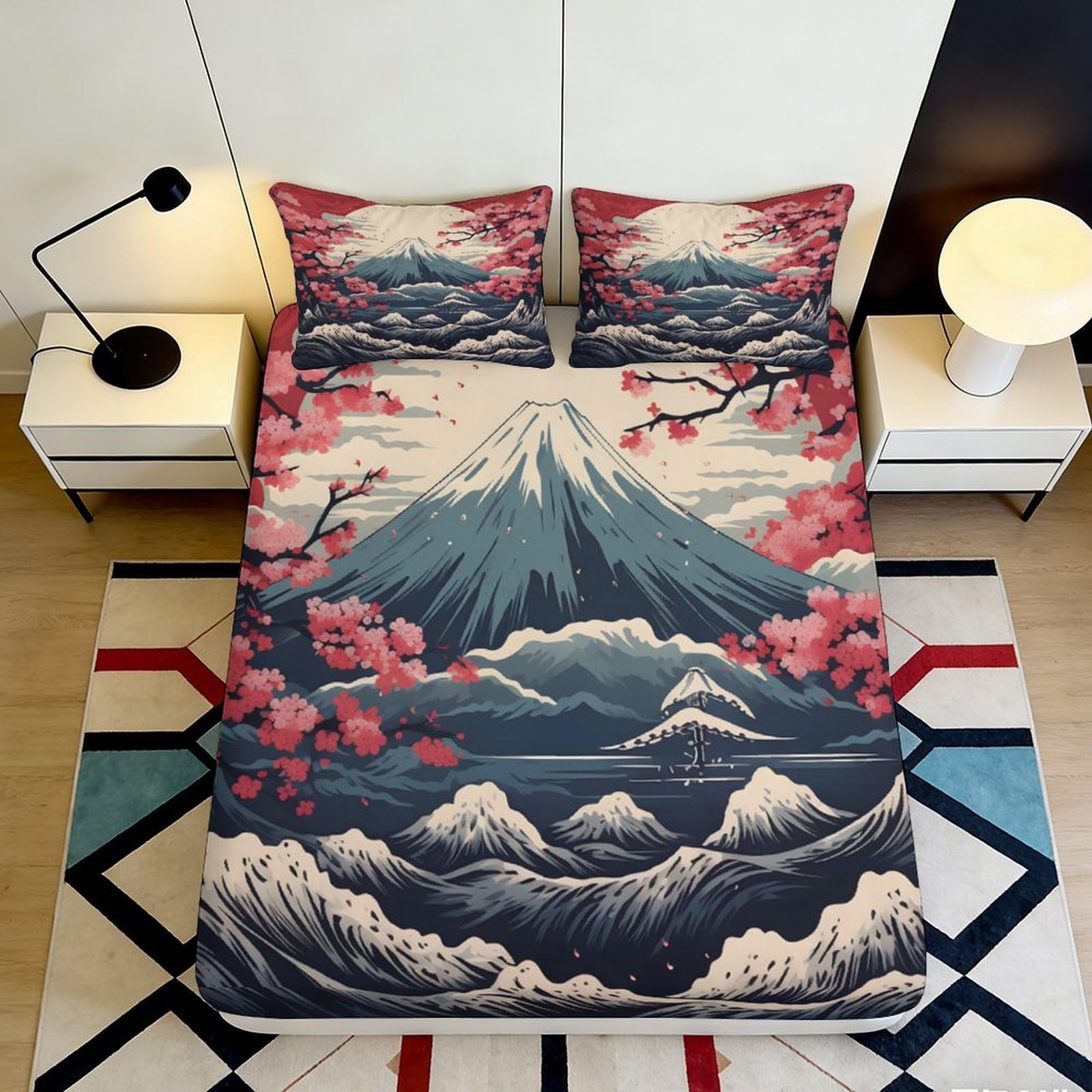 Uynsixtme Style-9 3D Printed Mount Fuji Sakura Fitted Sheet Microfiber Deep Pocket Bedroom Bedding Non-Slip Mount Fuji Mattress Fitted Cover 90X200x25cm