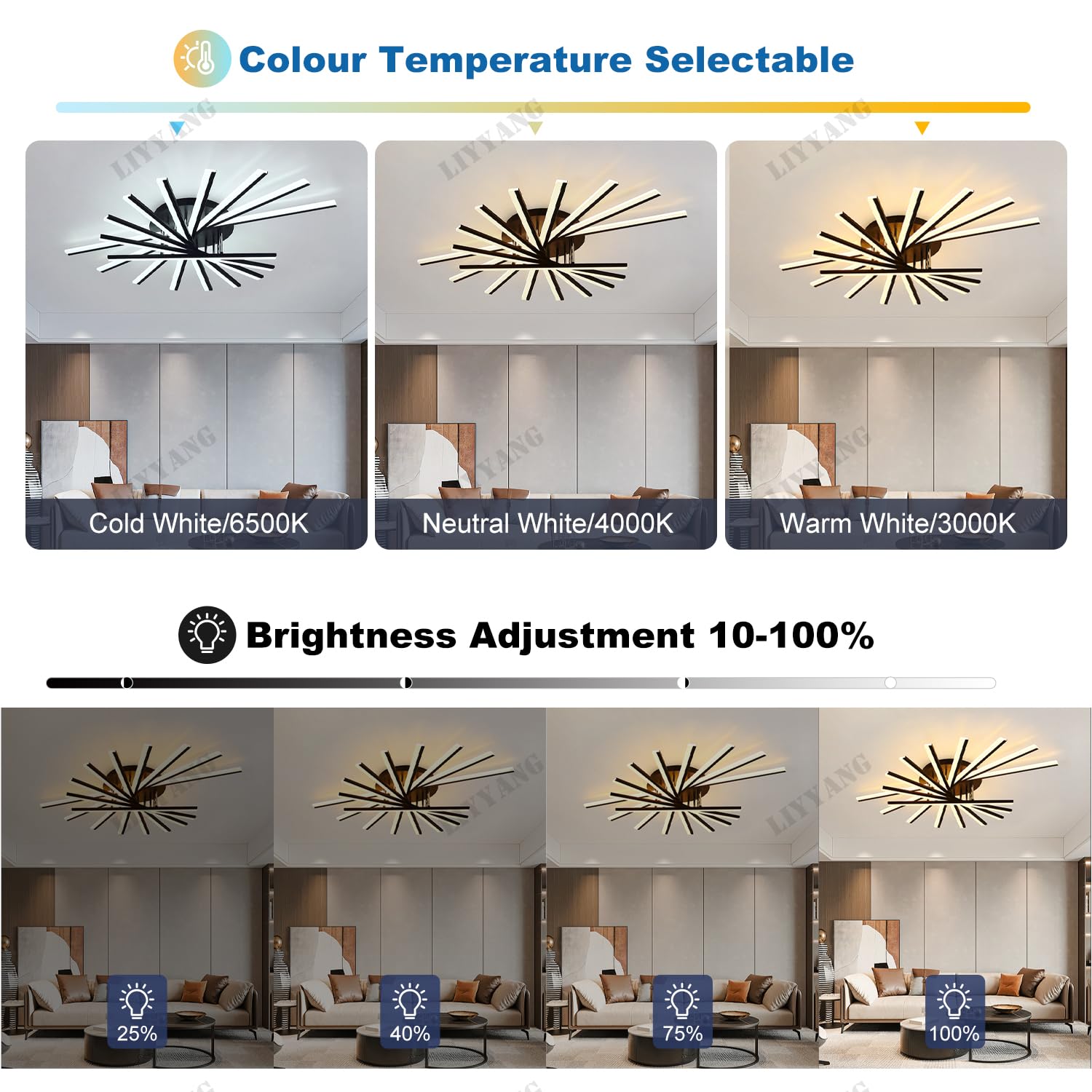 Dimmbare LED Deckenleuchte Moderne Deckenbeleuchtung mit Fernbedienung Deckenlampe Große Wohnzimmer Decke Licht Kreative Rundleuchte für Schlafzimmer Esszimmer Büro Küche (Schwarz, 9 Köpfe)