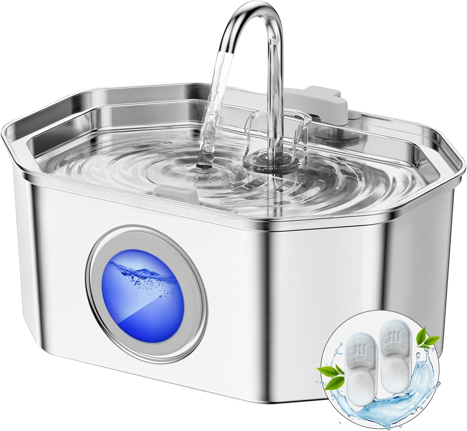 Fuente de agua para gatos de acero inoxidable de 108 oz3.2 L, dispensador automático de agua para perros con ventana de nivel de agua, fuente