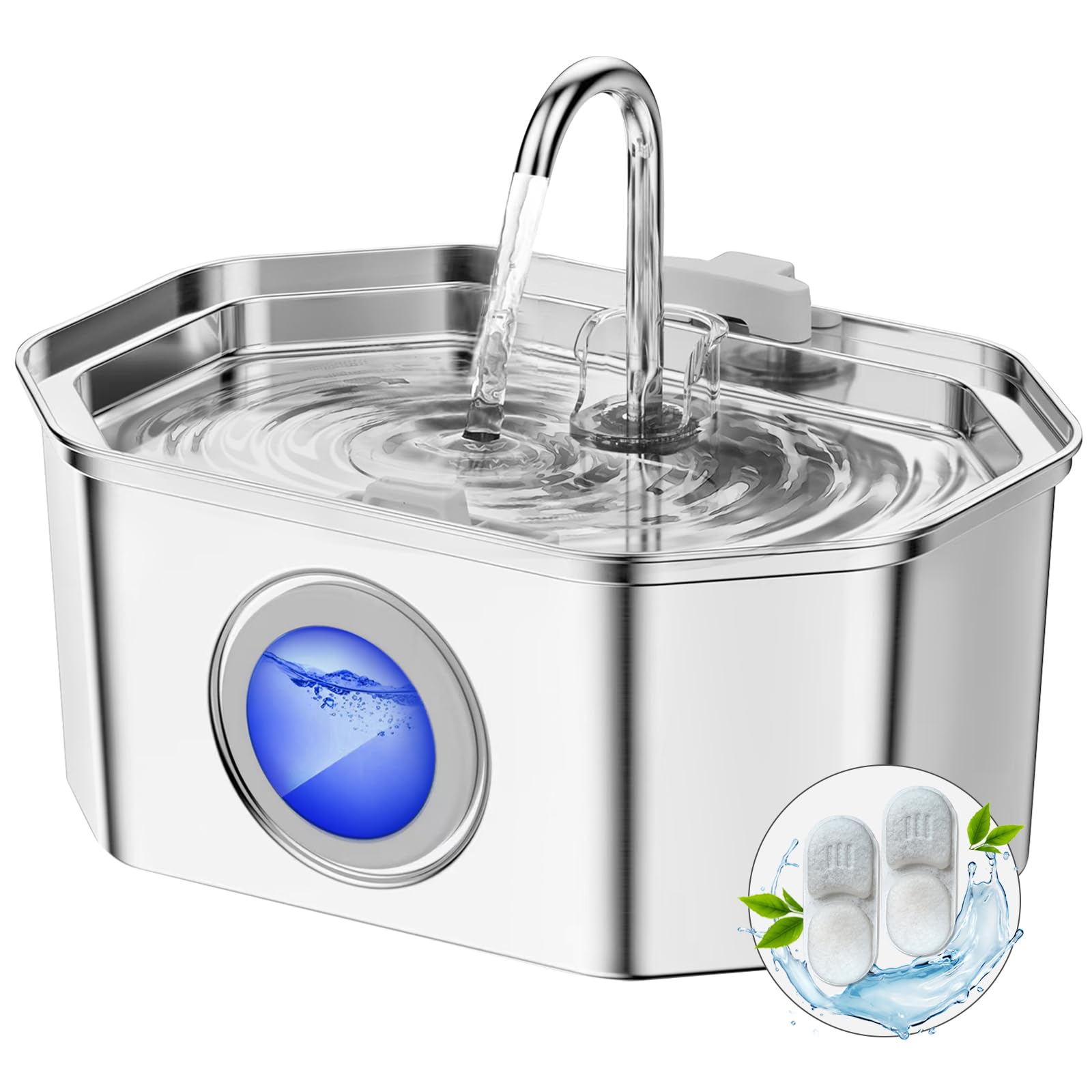 Cat Water Fountain Stainless Steel 108oz/3.2L, APAUK Automatic Pet Fountain Dog Water Dispenser with Water Level Window, Quiet Cat Fountain for Drinking, Inside with Replacement(2 Filters&2 Sponges)