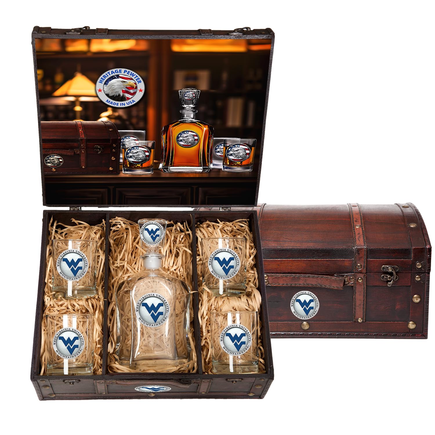 Heritage Pewter West Virginia Capitol Decanter Chest Set | 24 OZ Liquor Pourer with 4 Double Old-Fashioned Glasses | Expertly Crafted Pewter Glass