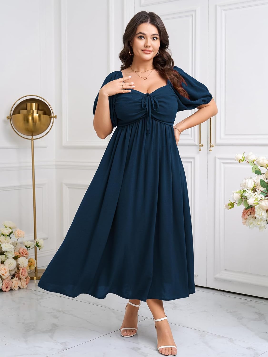 SCOMCHIC Plus Size Sweetheart Neckline Maxi Dress Formal Wedding Guest Short Puff Sleeve Cocktail Smocked A-Line Dresses - Image 3