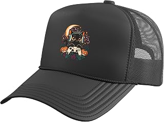 Cute Halloween Gaming Cat Pumpkin Controller Gamer Trucker Hat with Adjustable Mesh Back