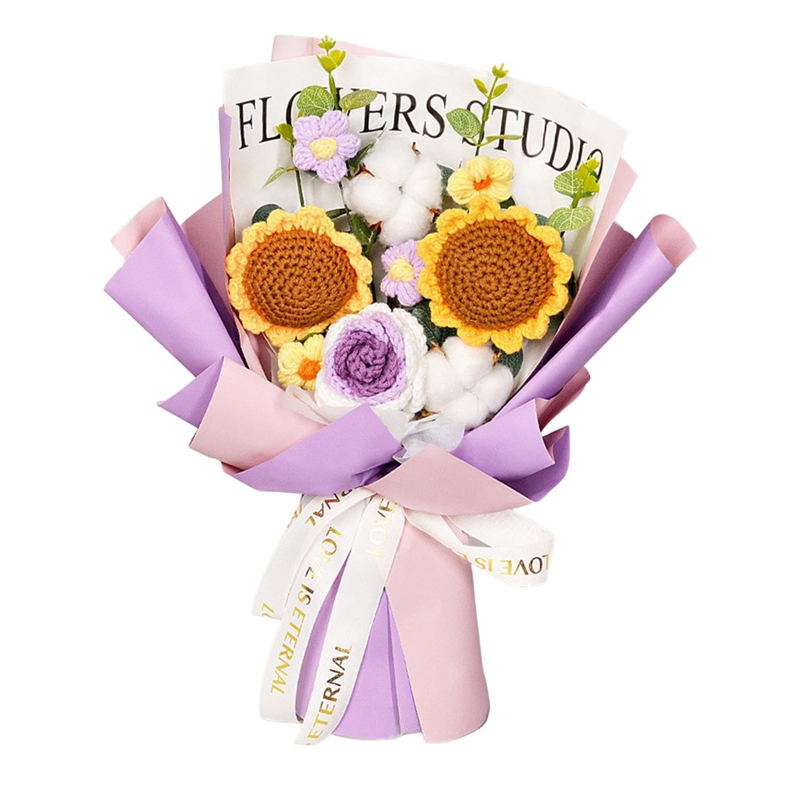 Harilla Completed Crochet Flowers Bouquet Artificial Flowers Knitted Rose Daisy Birthday Valentines DIY Home Decor Knitting Gift for Mother for Her,Purple B-35cmx40cm