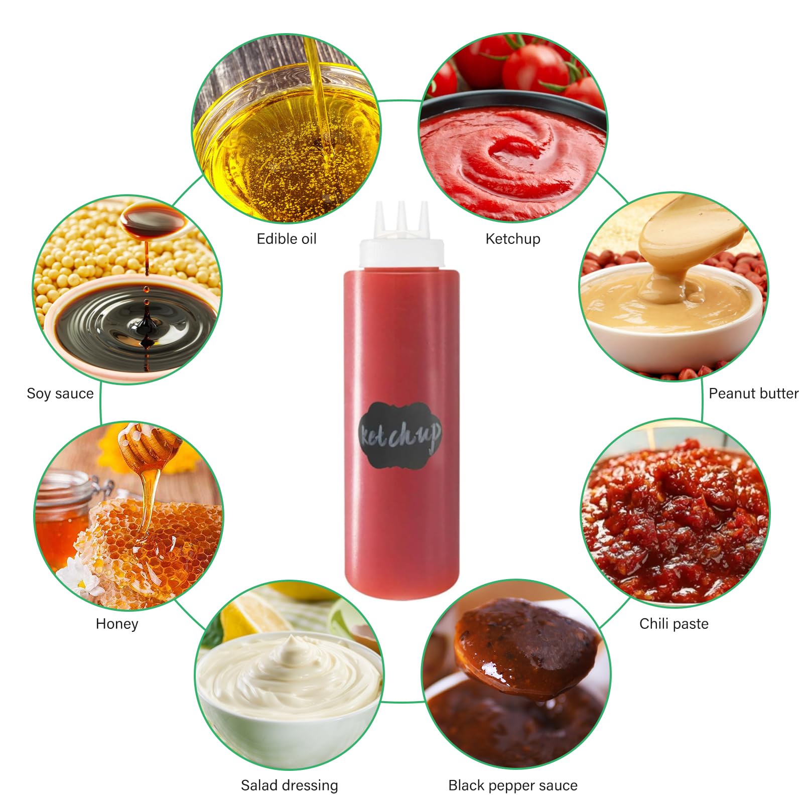 Vegena 4 Pièces Bouteille À Sauce 1000ml avec 3 Buses De Pulvérisation, Autocollant et Échelle pour Condiments, Ketchup, Huile d'olive
