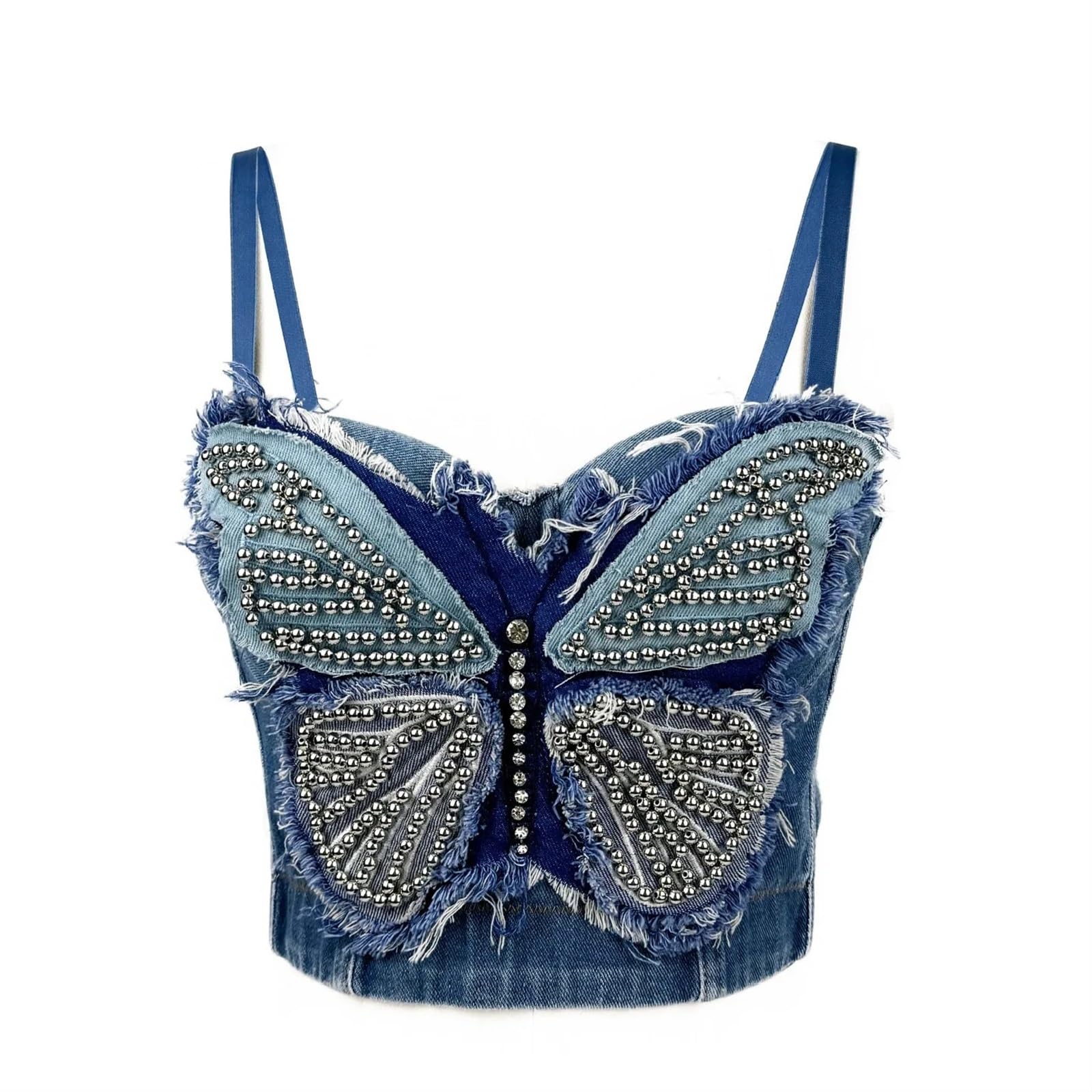 Vintage Butterfly Patchwork Denim Bralet With Fishbones Unique Beads And Crystal Bralette Underwear Women Lingerie Bras Corset for Dancing Carnival Party(38C,Royal blue)
