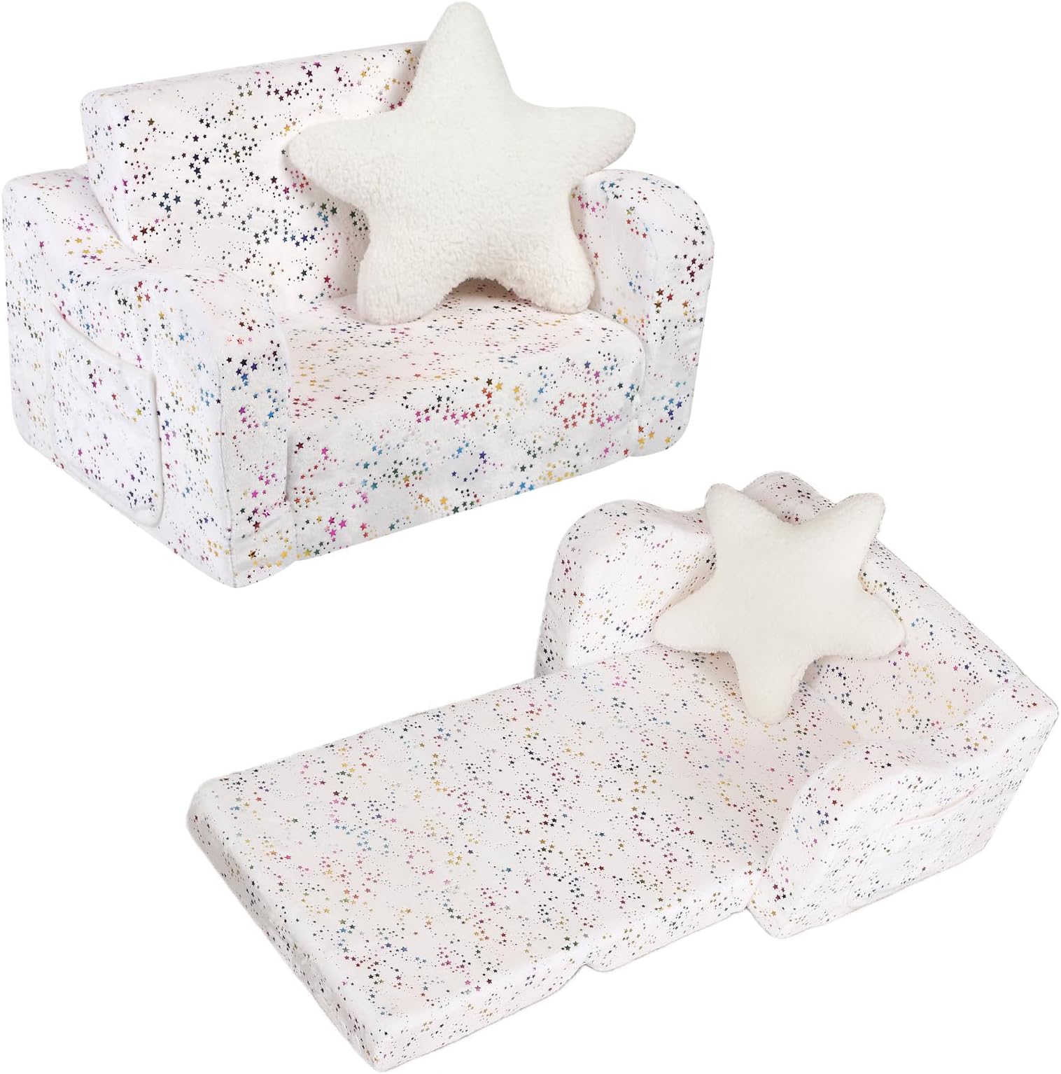 MOMCAYWEXShiny Star Toddler Couch, 2-in-1 Toddler Soft Couch Fold Out with Star Pillow, Convertible Sofa to Lounger for Girls and Boys, 1-Seat