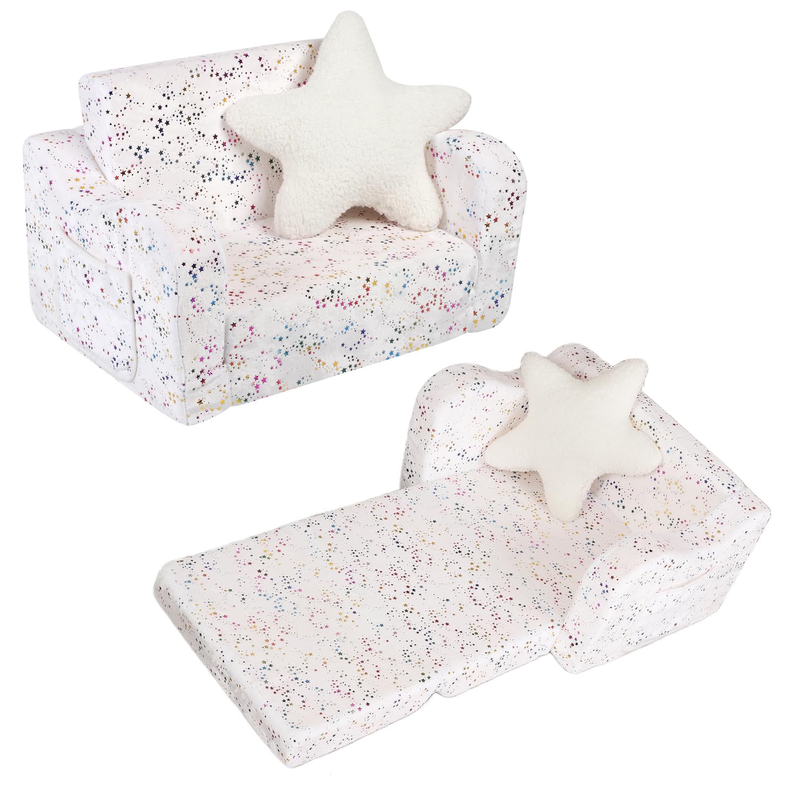 MOMCAYWEXShiny Star Toddler Couch, 2-in-1 Toddler Soft Couch Fold Out with Star Pillow, Convertible Sofa to Lounger for Girls and Boys, 1-Seat