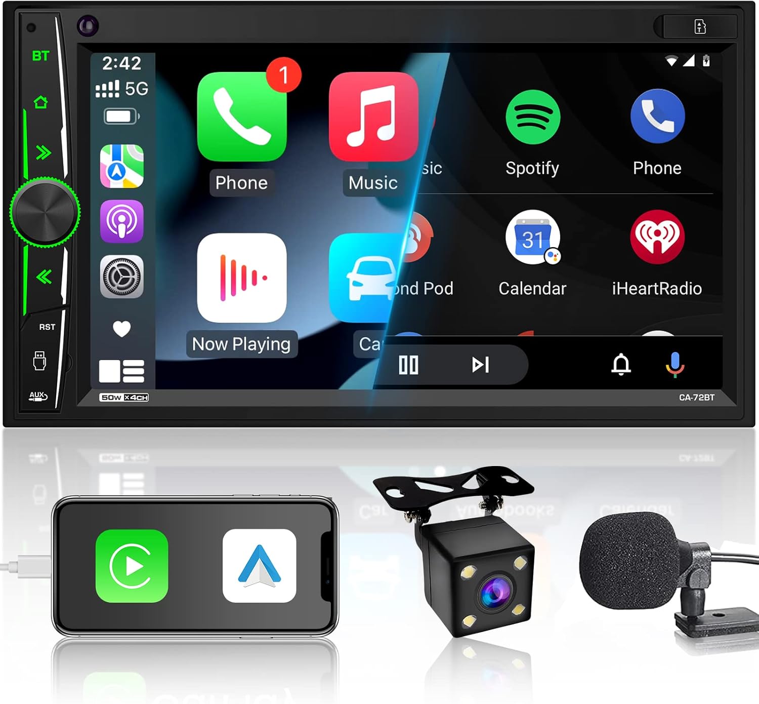 Double Din Stereo Apple CarPlay: in-Dash Android Auto Car Multimedia Player with Bluetooth Phone Link HD Touchscreen Monitor Rearview Cam AV Input FM AM Car Radio Steering Wheel