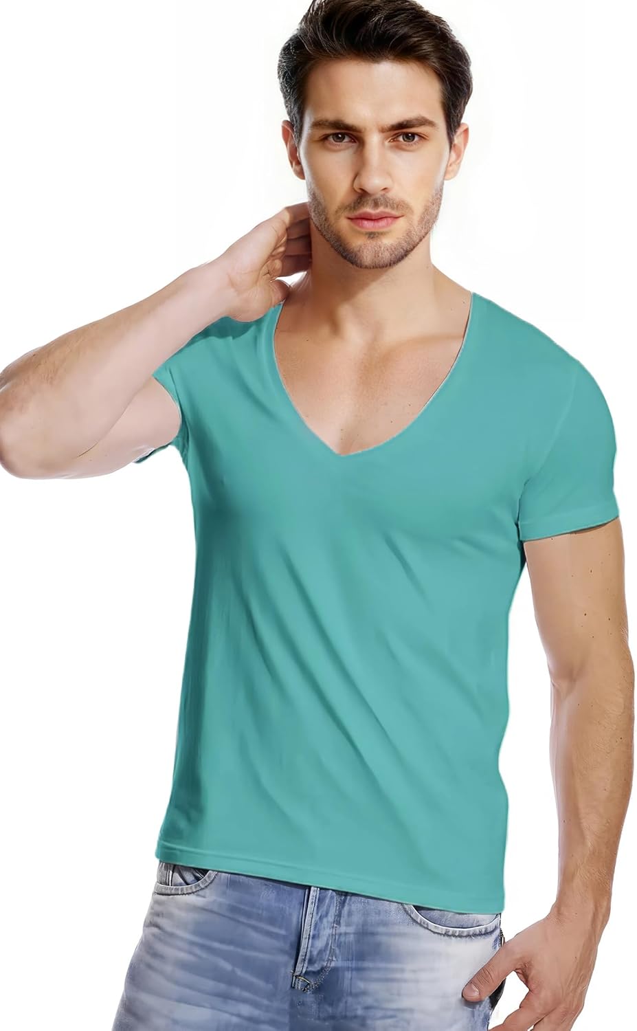 Mens Deep V Neck T-Shirts Vneck Tshirt Low Cut Undershirts Slim Fit Short Sleeve Tees - Image 4