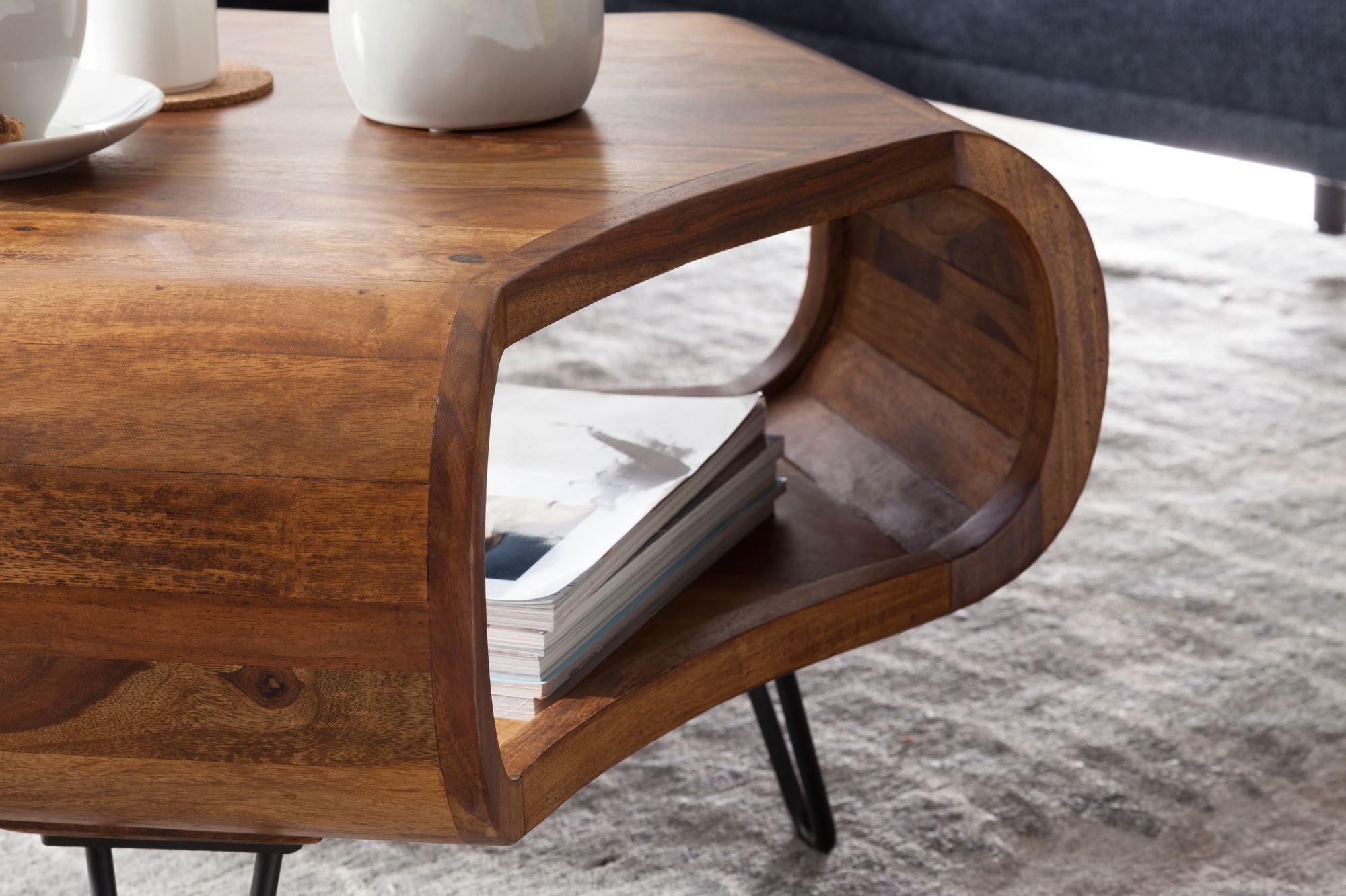 FineBuy Couchtisch Sheesham Massivholz 55x55x38 cm – Wohnzimmertisch mit Ablagefach und Metallbeinen, Design Tisch in Handarbeit, Retro Stil aus echtem Massivholz Braun