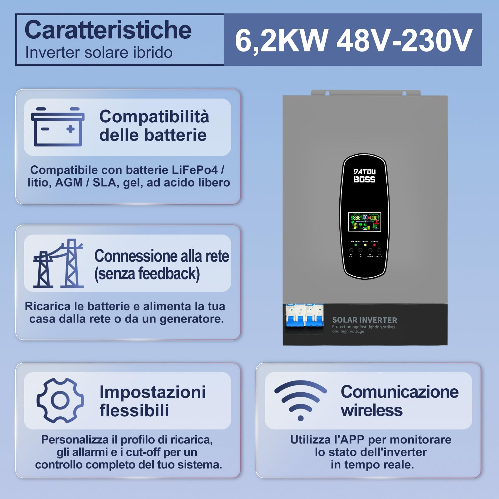 DATOUBOSS 6200W Inverter Ibrido Solare 48V, Onda Pura, Array FV fino a 8500W, Potenza Inverter FV 6500W, Protezione da Fulmini, Avvio Senza Batteria, MPPT Integrato 120A, per Sistemi Off-Grid